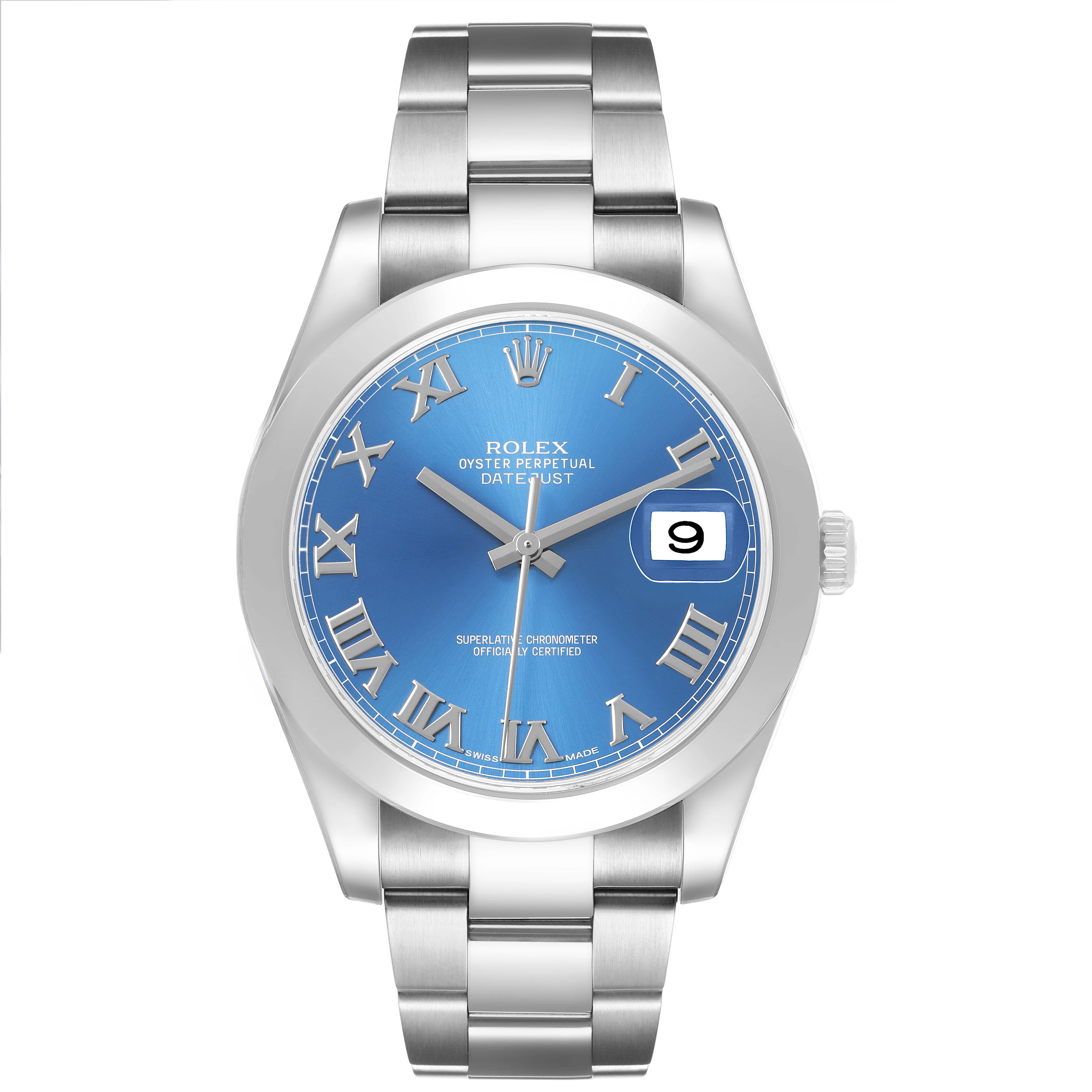 The Rolex Datejust 41 116300 Men's Stainless Steel Blue Dial watch is shown from a top-down angle, displaying the blue dial, Roman numerals, date window, and metal bracelet.