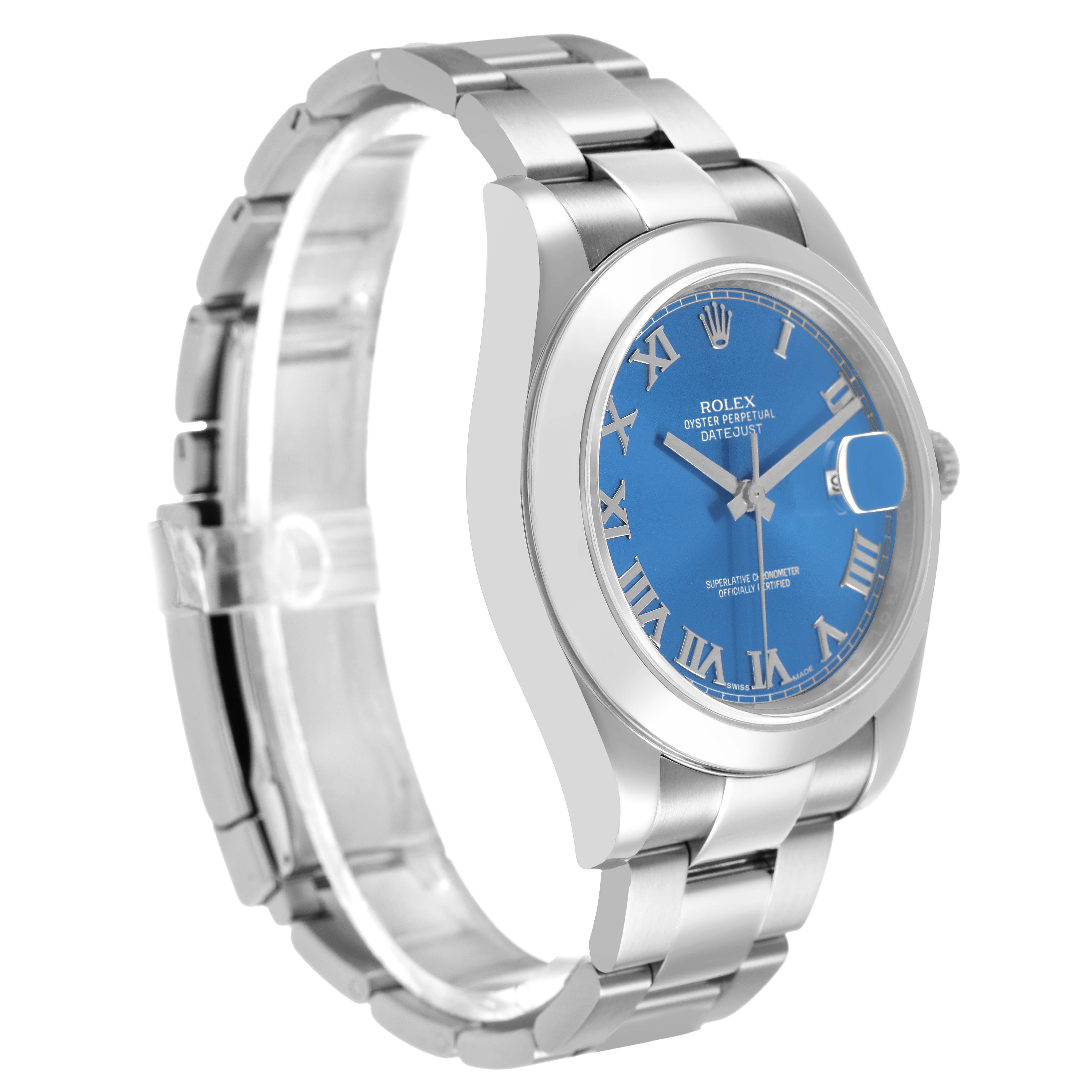 The Rolex Datejust 41 116300 Men's Stainless Steel Blue Dial watch is shown at a slight side angle, displaying the dial, bezel, and bracelet.