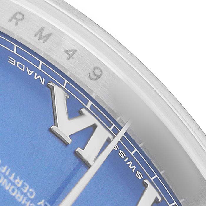 The image shows a close-up of the Rolex Datejust 41 116300 Men's Stainless Steel Blue Dial's dial edge, highlighting the blue dial, hour marker, and part of the bezel.