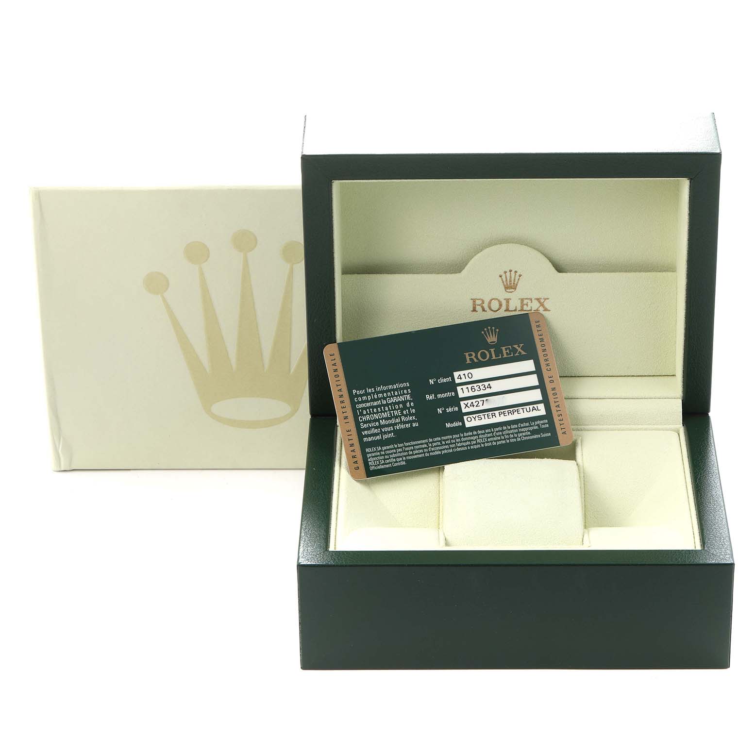 The image shows the packaging and warranty card for a Rolex Datejust 41 116334 Men
s Stainless Steel Blue Dial 116334 Men
s Stainless Steel Blue Dial, featuring an open box and card at an angle.