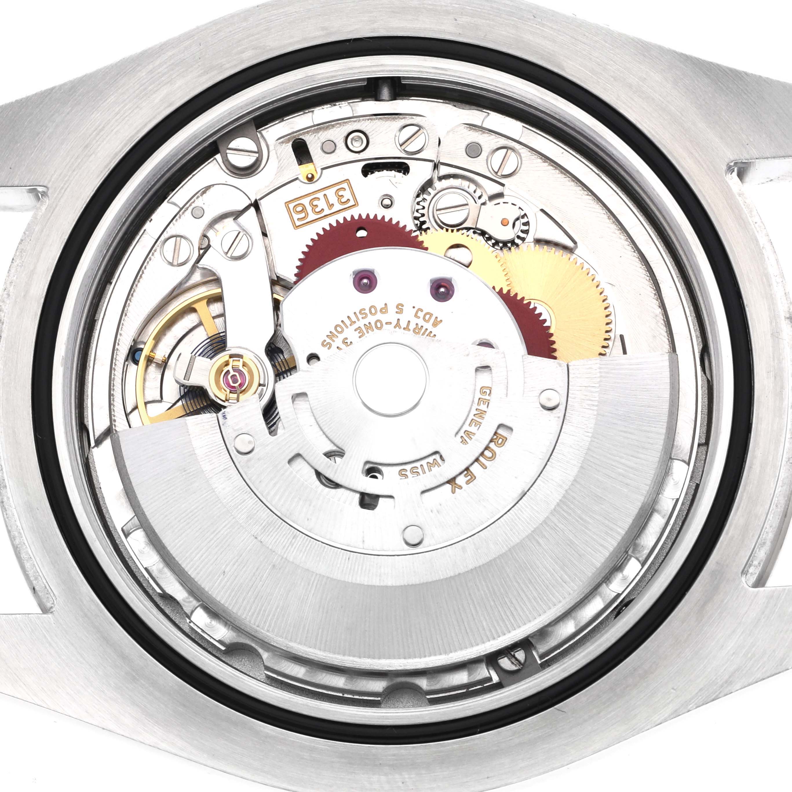 The image shows the back view of a Rolex Datejust 41 116334 Men
s Stainless Steel Blue Dial 116334 Men
s Stainless Steel Blue Dial, highlighting its intricate movement and internal mechanisms.