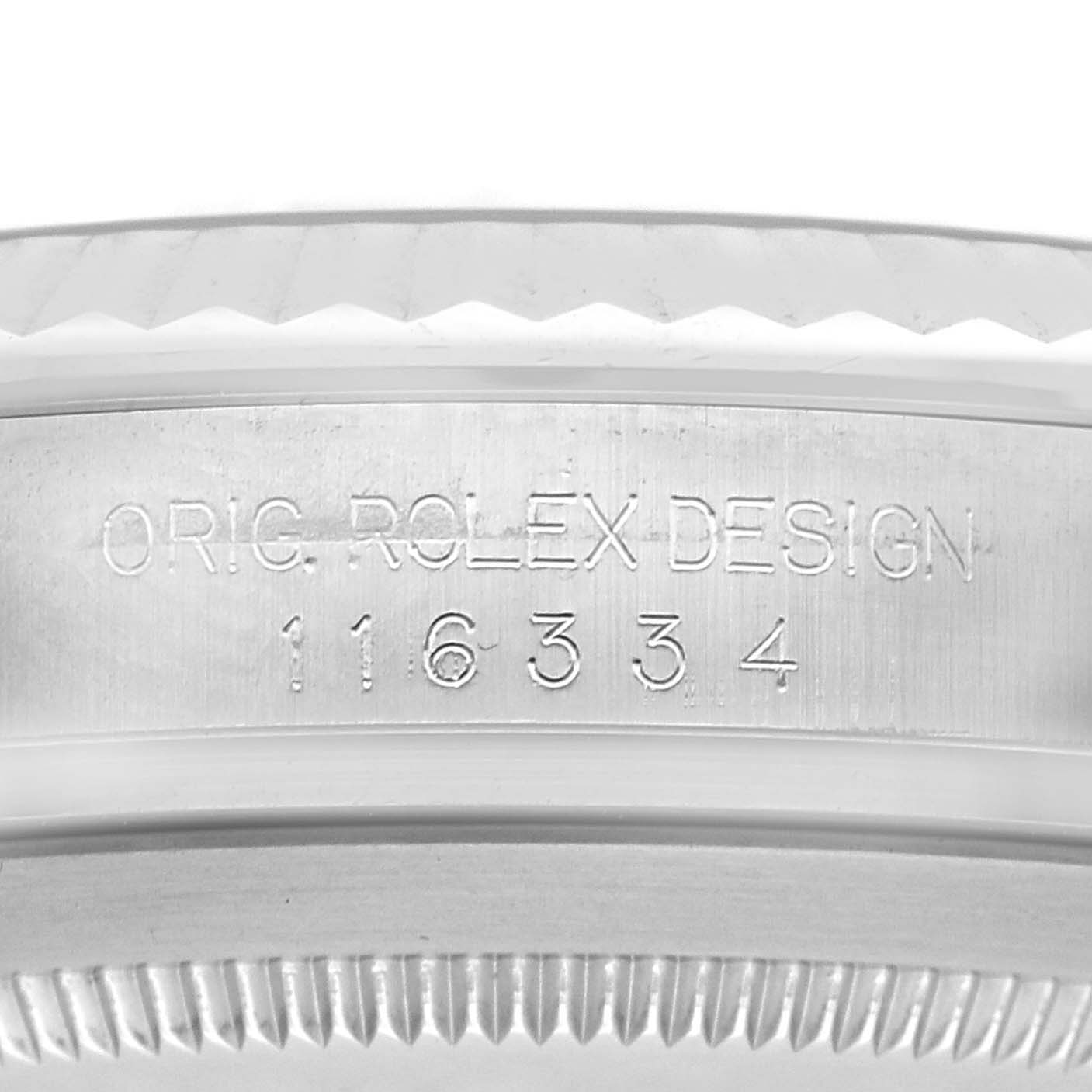 The image shows the case side engraving of a Rolex Datejust 41 116334 Men
s Stainless Steel Blue Dial 116334 Men
s Stainless Steel Blue Dial, displaying the model number.