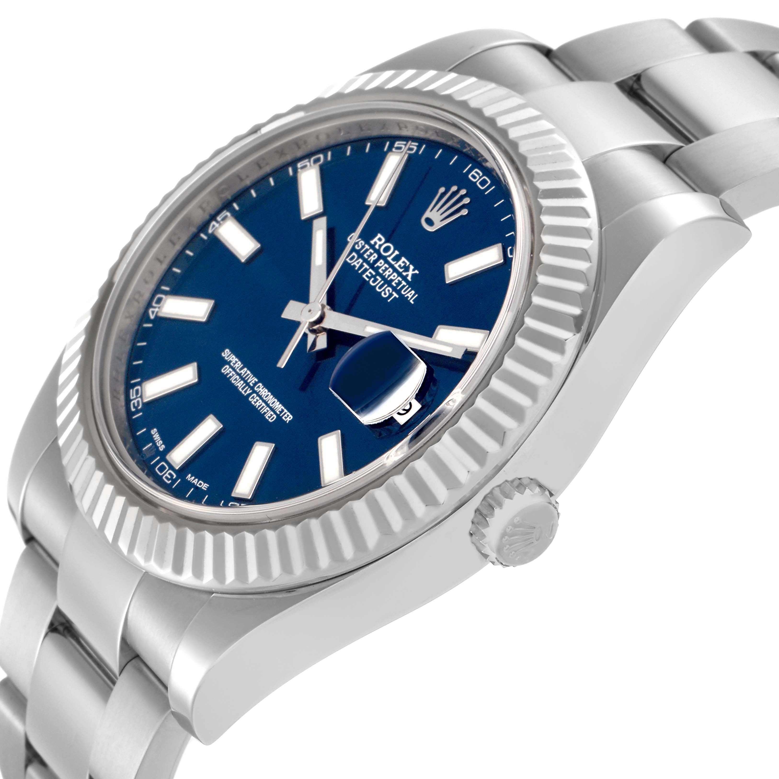 The image shows a side view of the Rolex Datejust 41 116334 Men
s Stainless Steel Blue Dial 116334 Men
s Stainless Steel Blue Dial, highlighting its blue dial, fluted bezel, and part of the bracelet.