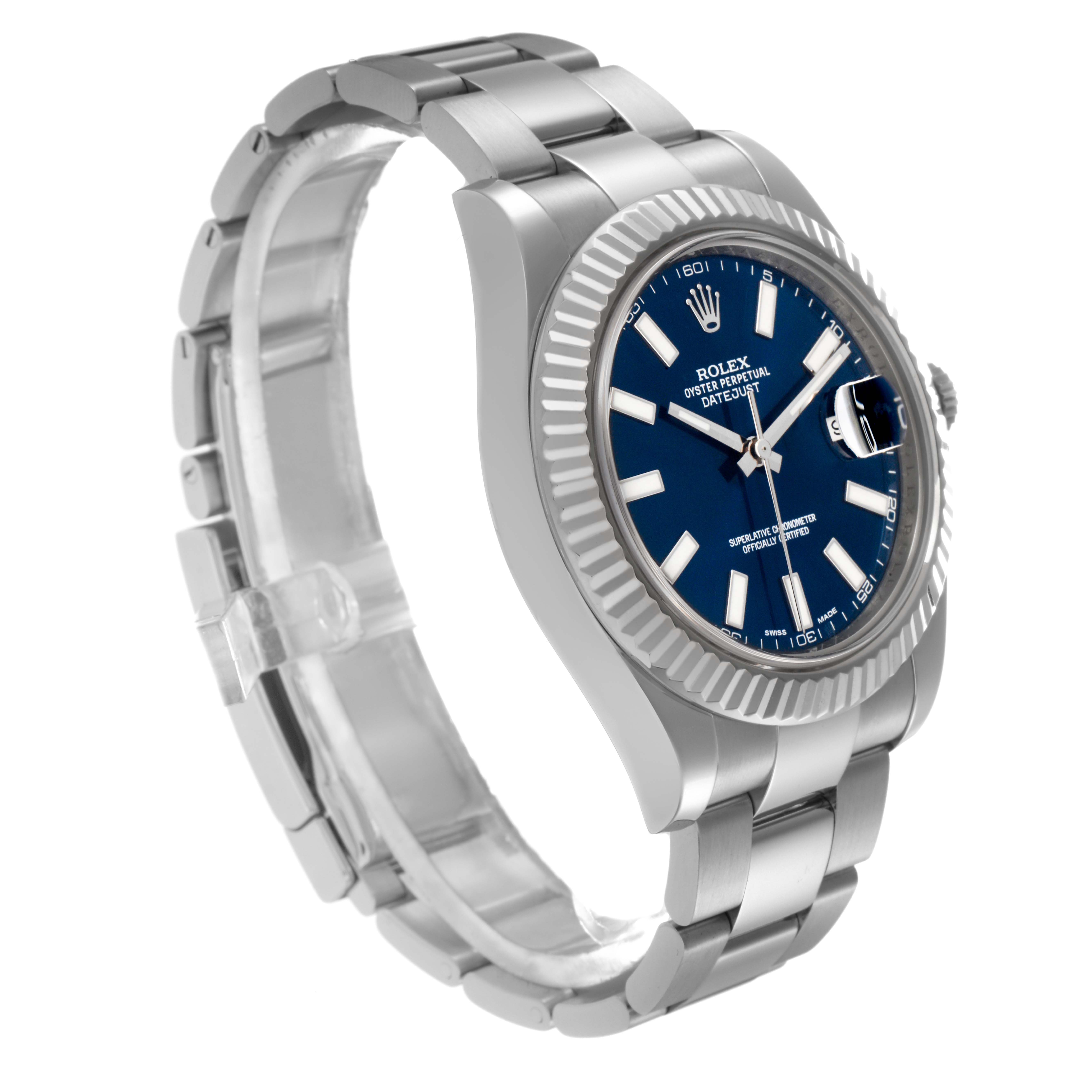 The Rolex Datejust 41 116334 Men
s Stainless Steel Blue Dial 116334 Men
s Stainless Steel Blue Dial model is shown at a three-quarter angle, highlighting its blue dial, fluted bezel, and oyster bracelet.