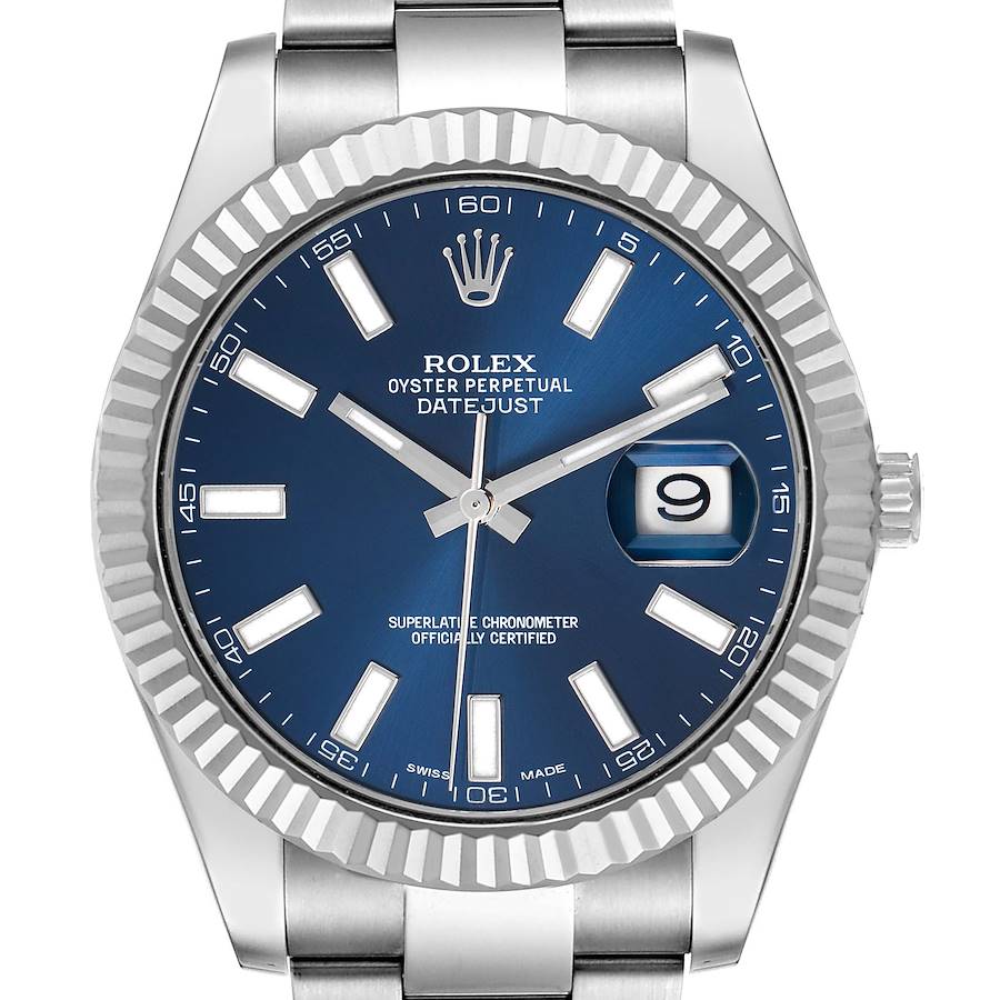 The Rolex Datejust 41 watch is shown from the front, displaying the blue dial, hour markers, hands, and fluted bezel.