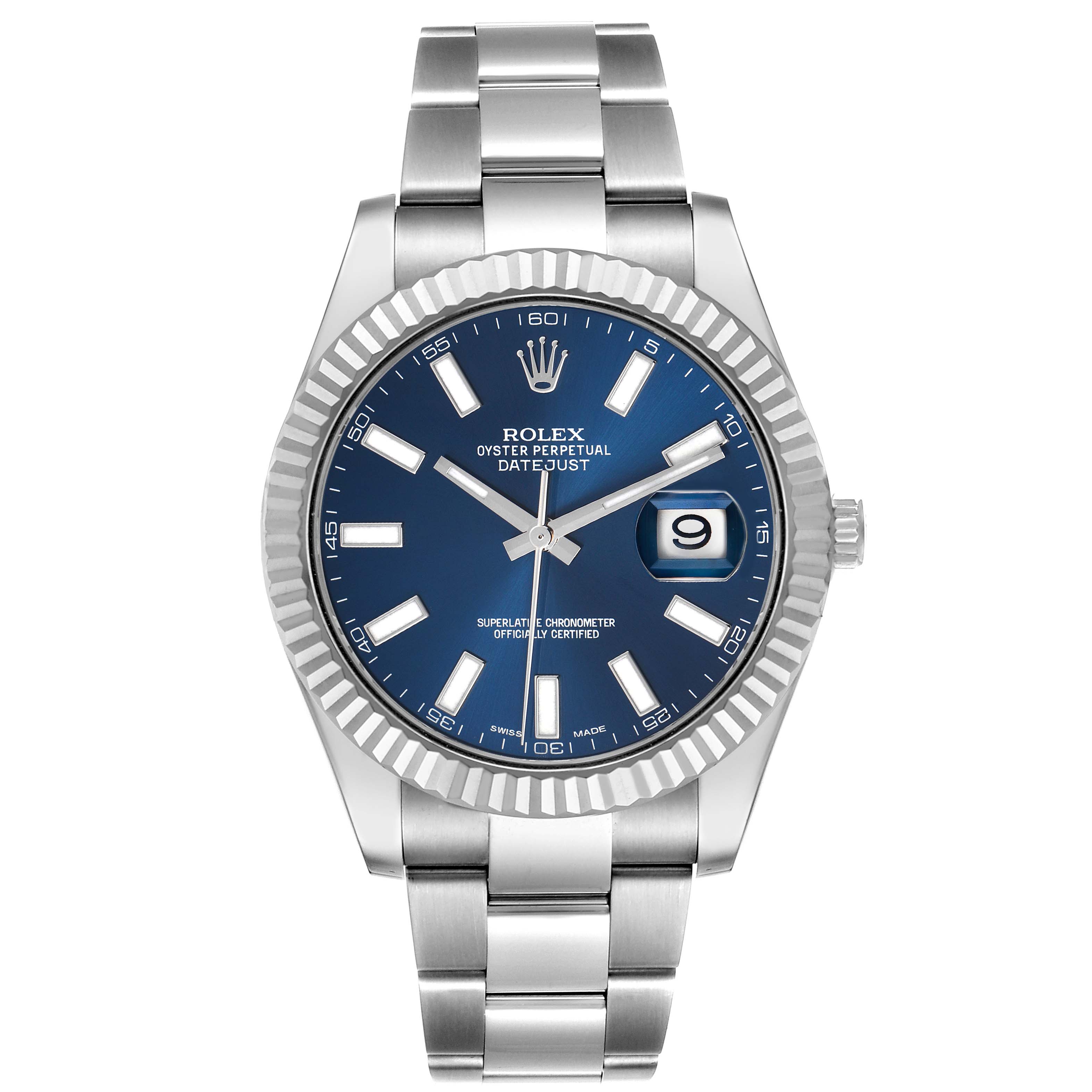 The Rolex Datejust 41 116334 Men
s Stainless Steel Blue Dial 116334 Men
s Stainless Steel Blue Dial watch is shown from the front, highlighting the dial, hands, bezel, bracelet, and crown.