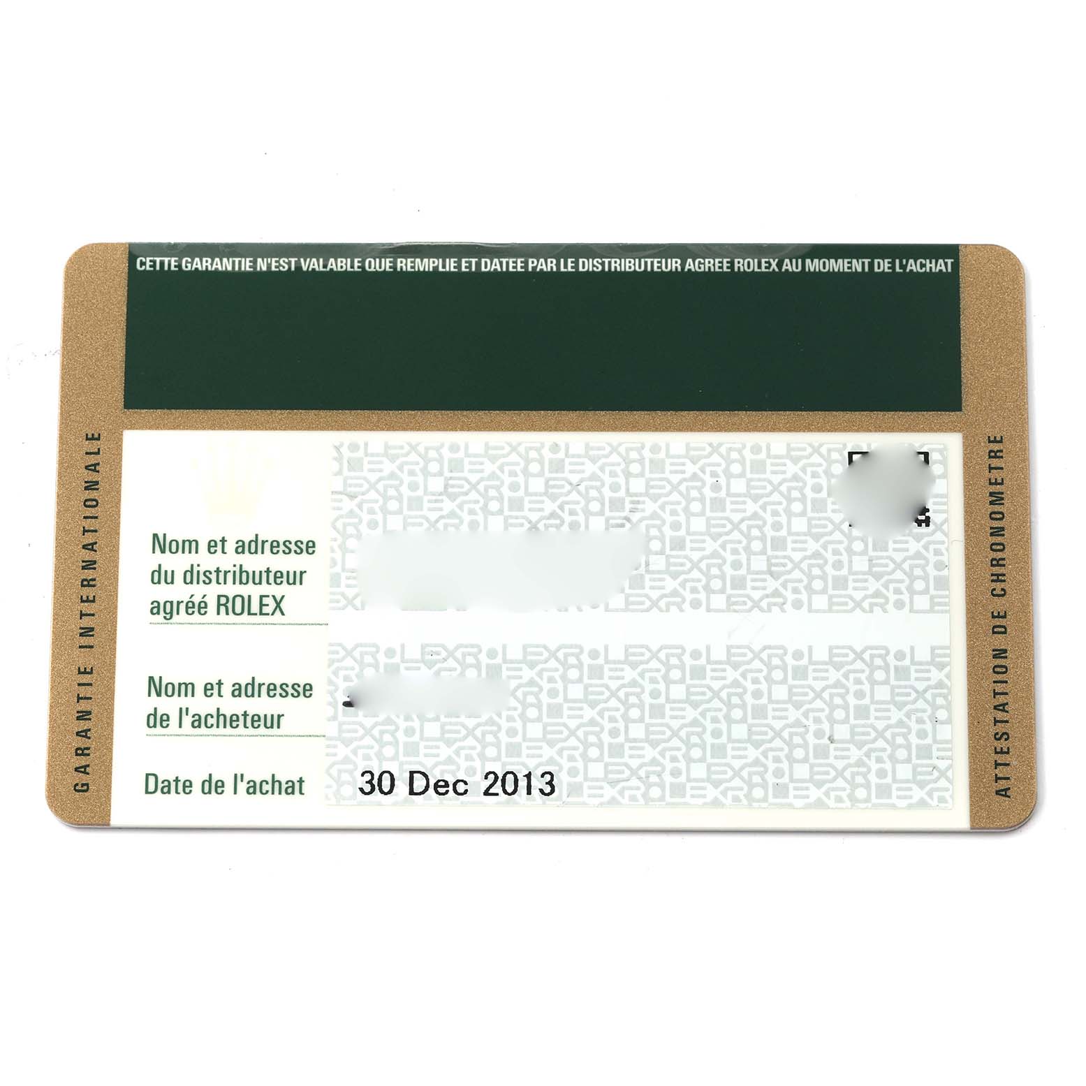 The image shows a warranty card for a Rolex Datejust 41 116334 Men
s Stainless Steel Blue Dial 116334 Men
s Stainless Steel Blue Dial watch.