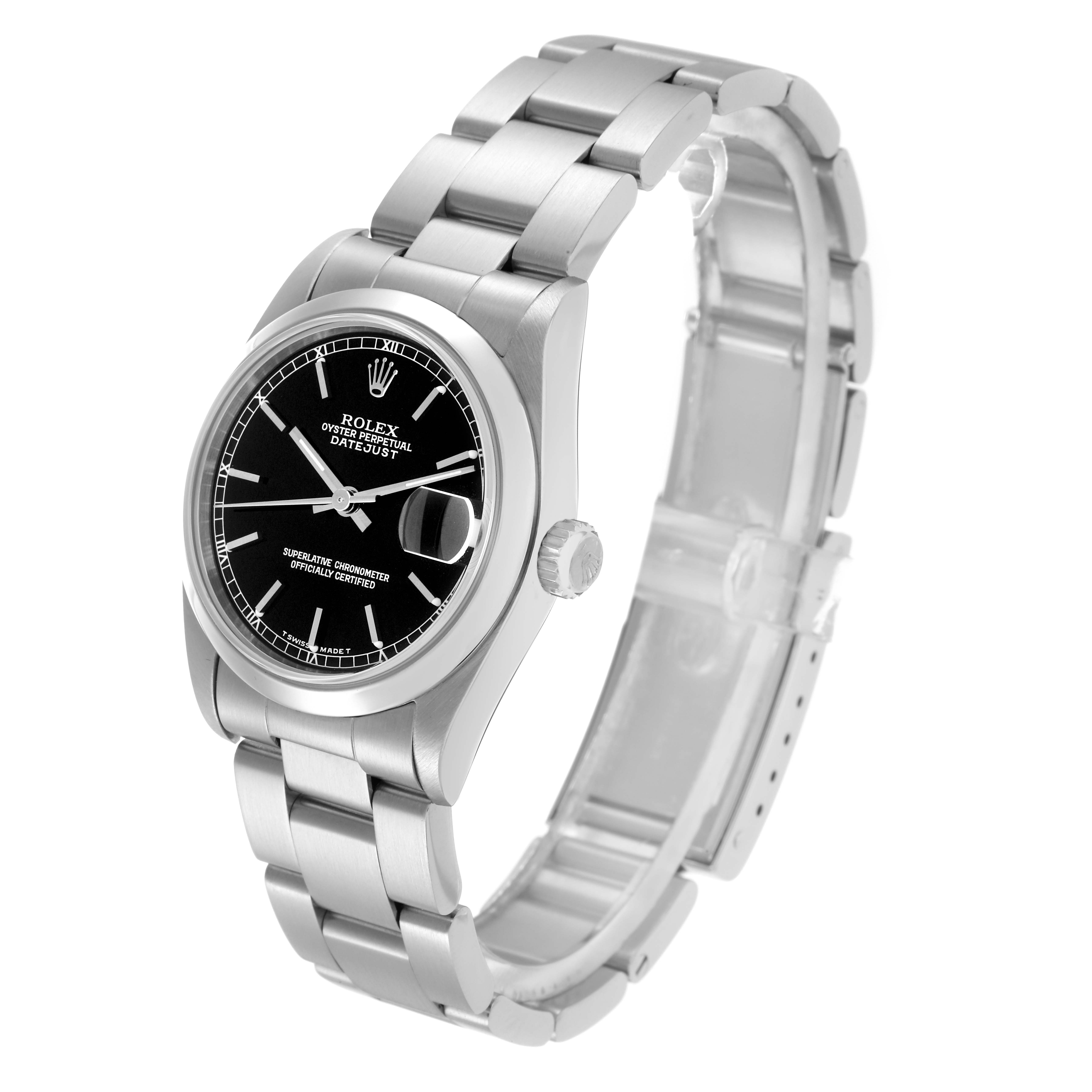 The Rolex Mid-Size 68240 Women
s Stainless Steel Black Dial 68240 Women
s Stainless Steel Black Dial watch is shown at a slight angle, highlighting the face, bezel, crown, and bracelet.