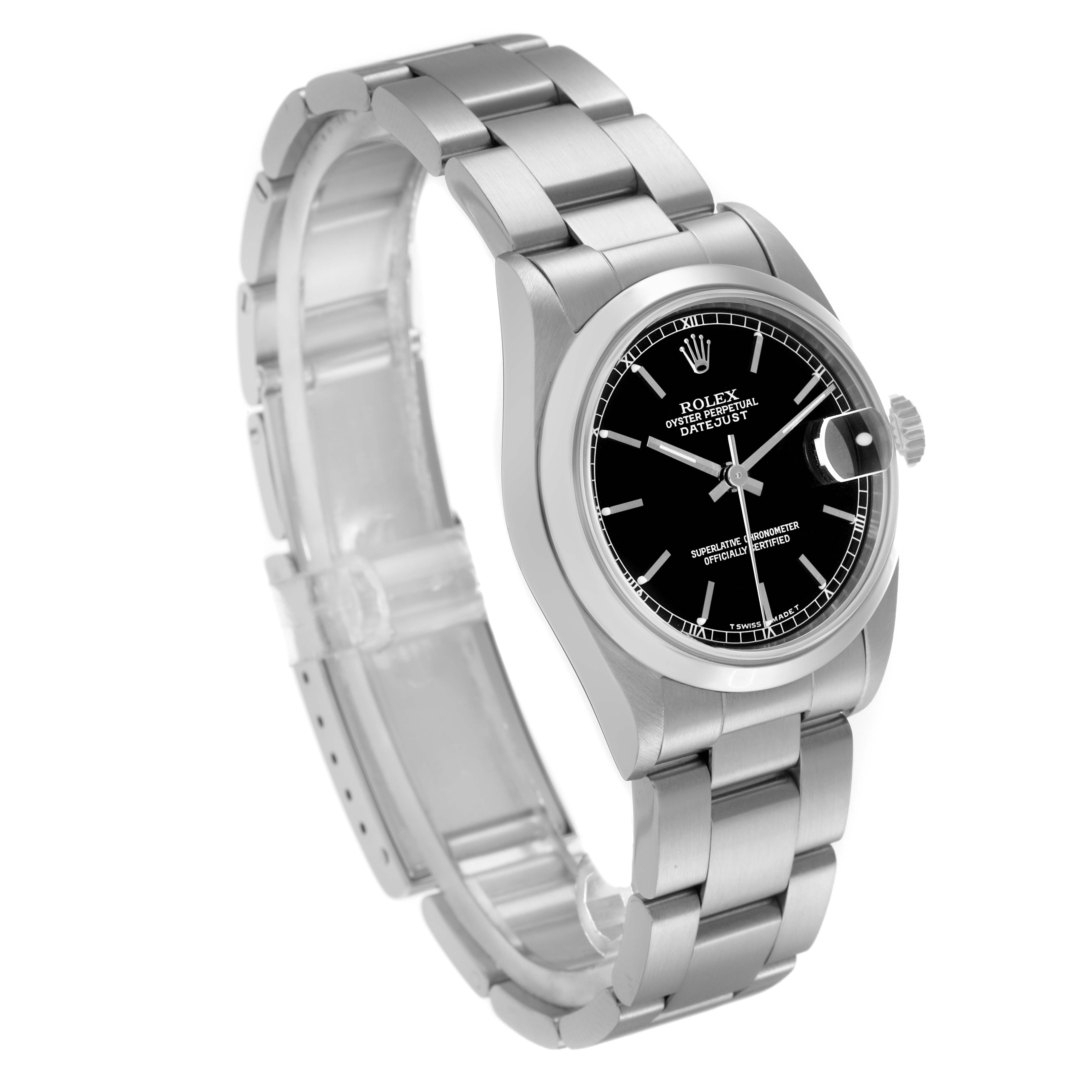 The Rolex Mid-Size 68240 Women
s Stainless Steel Black Dial 68240 Women
s Stainless Steel Black Dial watch is shown at a three-quarter angle, displaying the bezel, dial, bracelet, and crown.