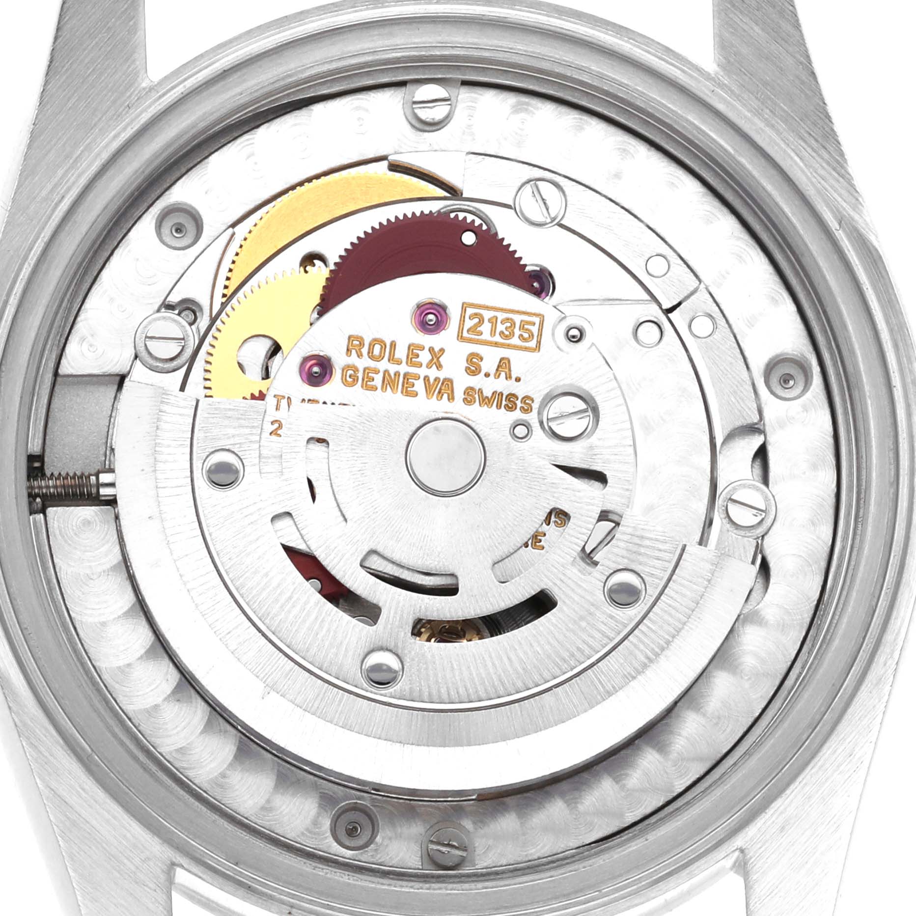 This image shows the movement mechanism of a Rolex Mid-Size 68240 Women
s Stainless Steel Black Dial 68240 Women
s Stainless Steel Black Dial watch from a direct overhead angle.
