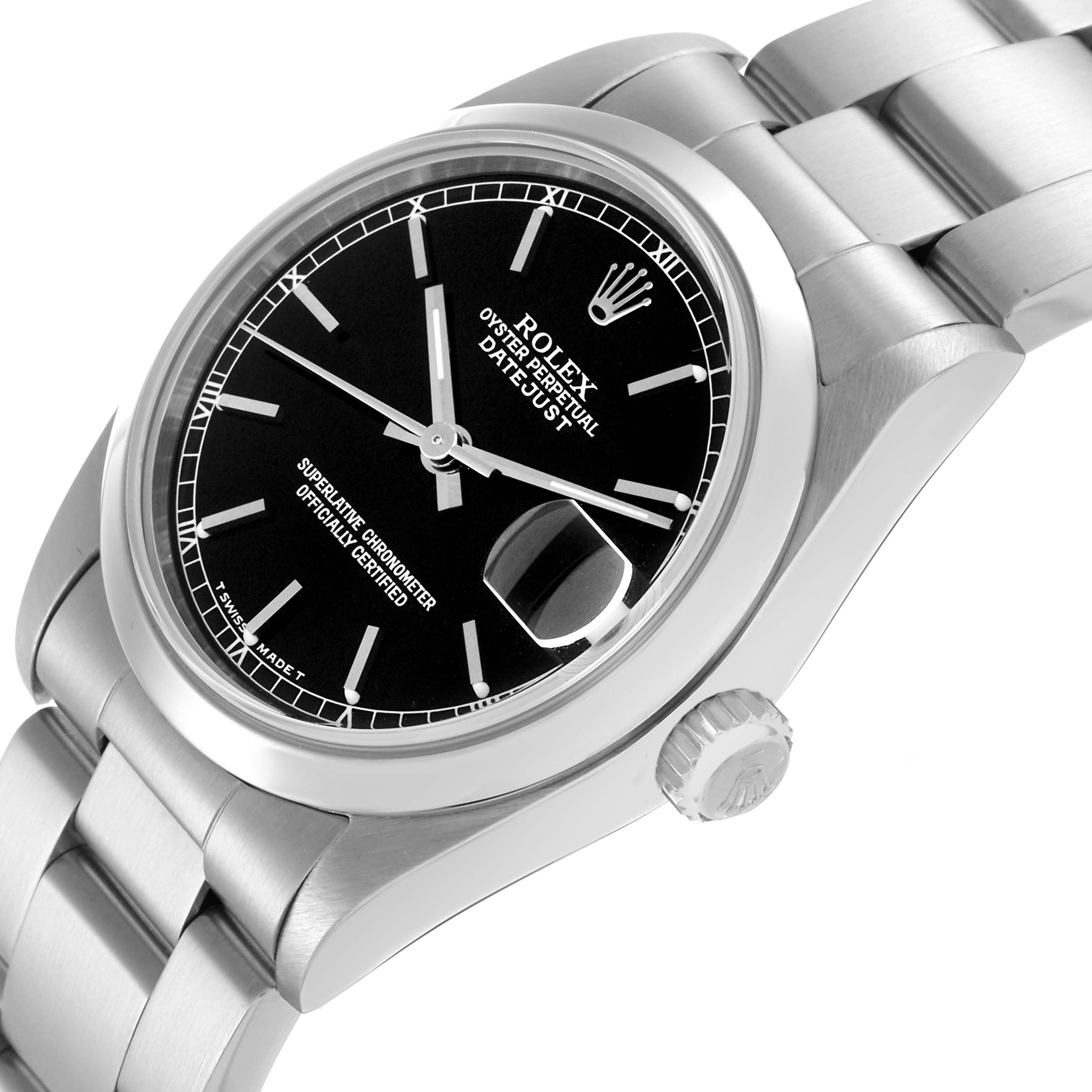 The Rolex Datejust Mid-Size watch is shown at a slight angle, featuring the black dial, case, crown, and part of the bracelet.