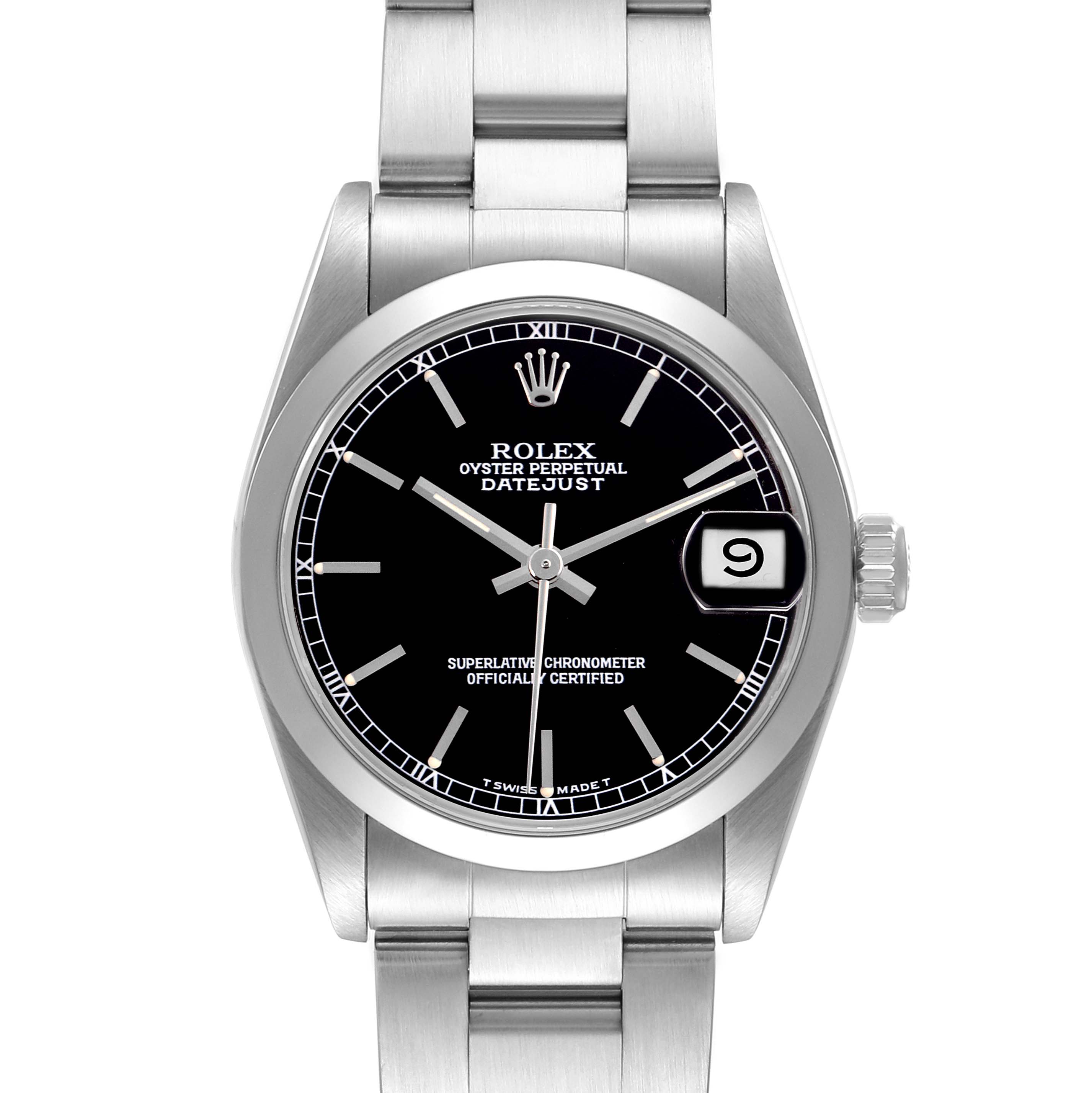 The Rolex Datejust Mid-Size model is shown from a front angle, displaying the dial, crown, bezel, and bracelet.