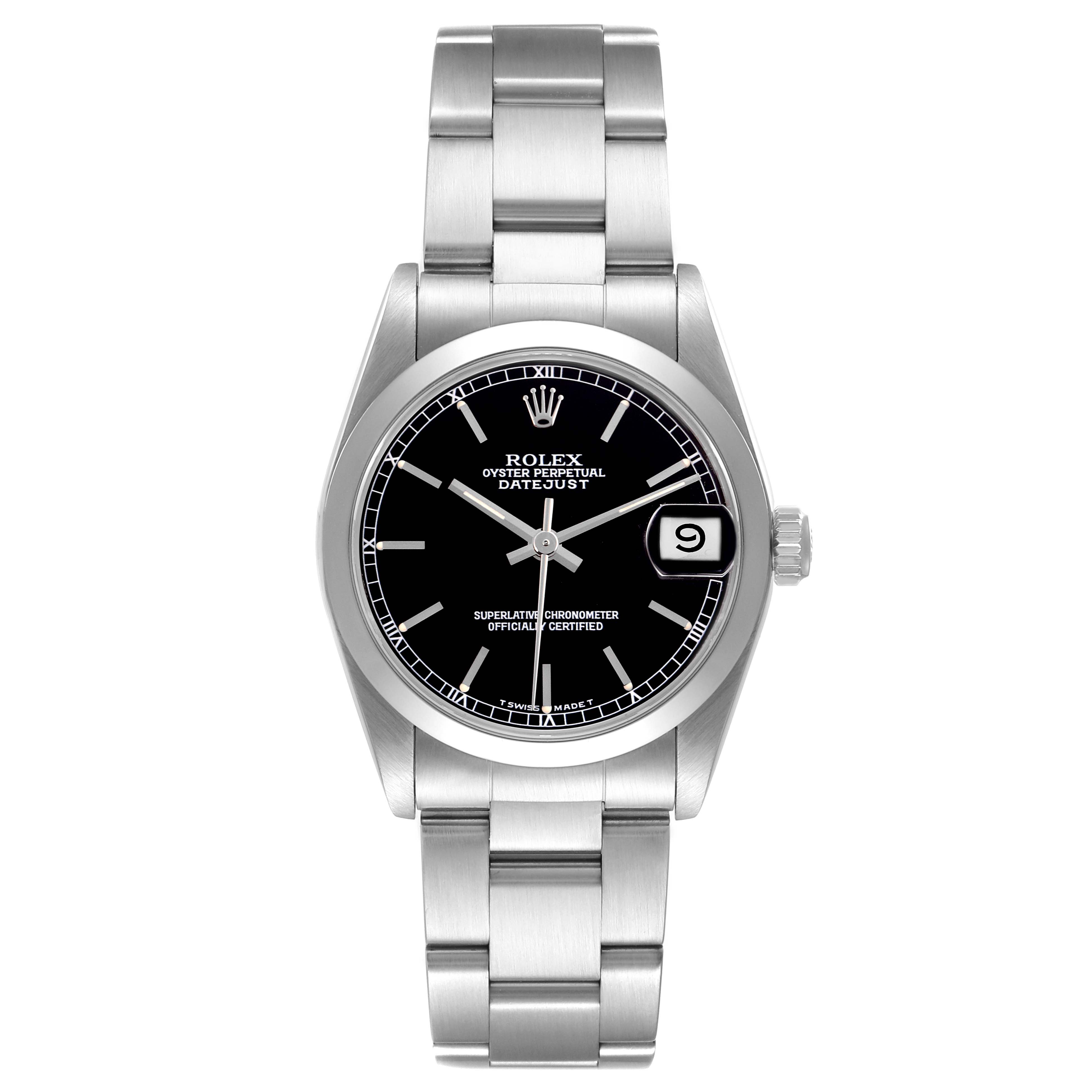 The Rolex Mid-Size 68240 Women
s Stainless Steel Black Dial 68240 Women
s Stainless Steel Black Dial watch is shown from a front angle, displaying the face, bezel, bracelet, and date feature.