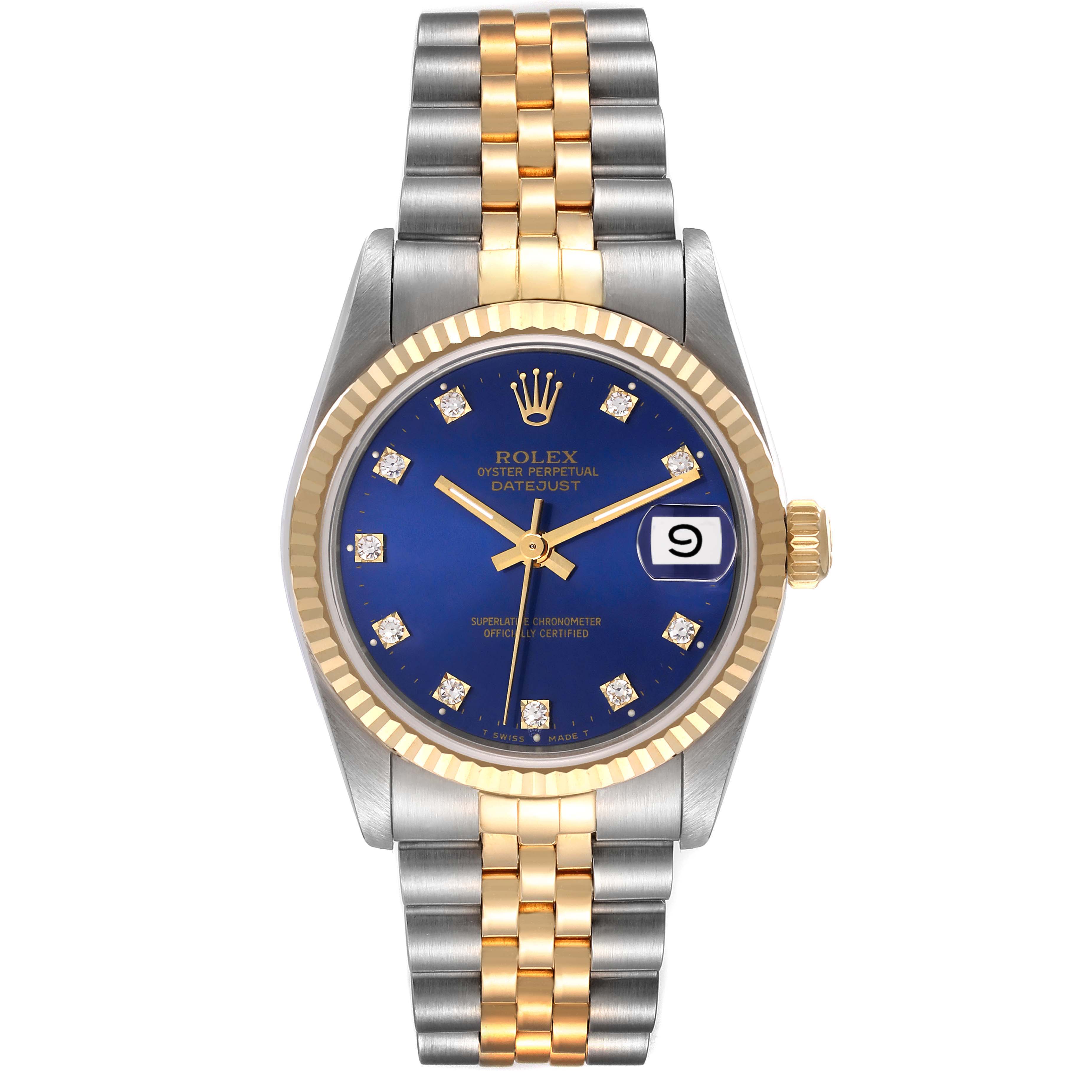 The Rolex Mid-Size 68273 Women
s Steel and Gold (two tone) Blue Dial 68273 Women
s Steel and Gold (two tone) Blue Dial Datejust watch is displayed from a front angle, showcasing its blue dial, two-tone bracelet, and date window.