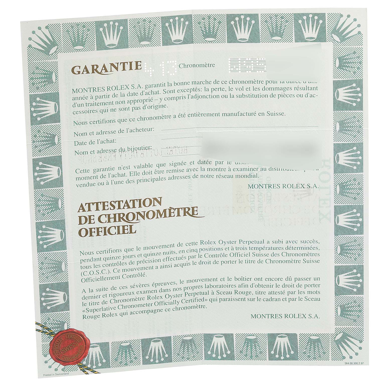 The image shows a warranty and certification document for a Rolex Mid-Size 68273 Women
s Steel and Gold (two tone) Blue Dial 68273 Women
s Steel and Gold (two tone) Blue Dial model watch.