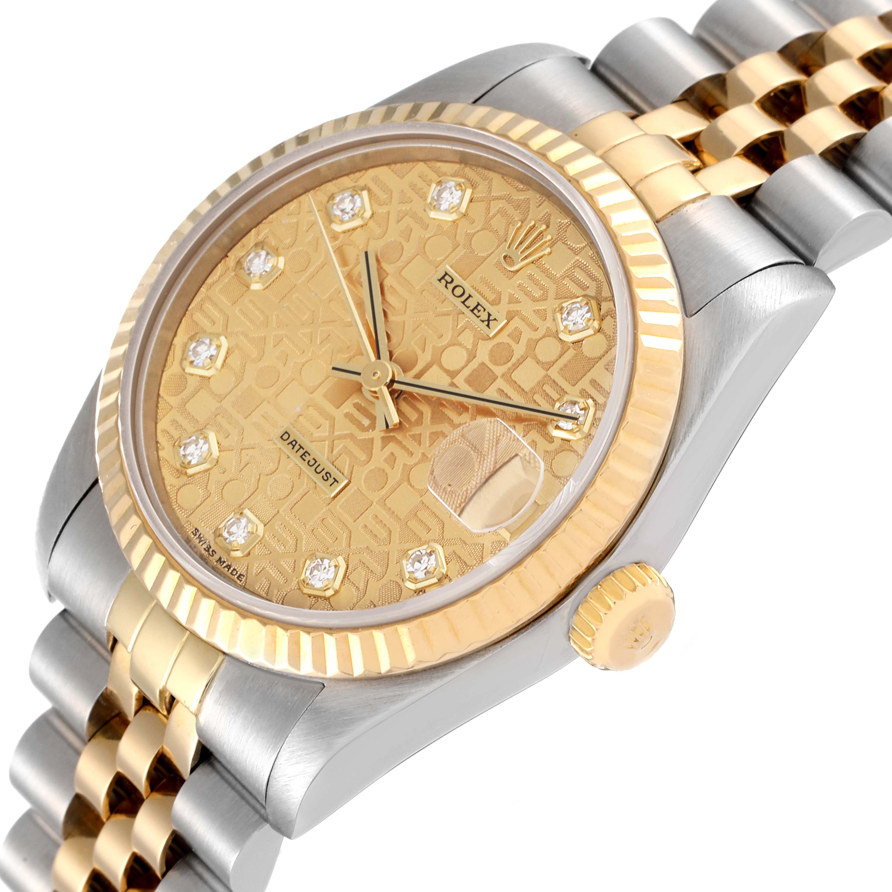 This image shows a close-up angled view of the Mid-Size Rolex Datejust, highlighting its gold and silver bracelet and diamond-studded dial.