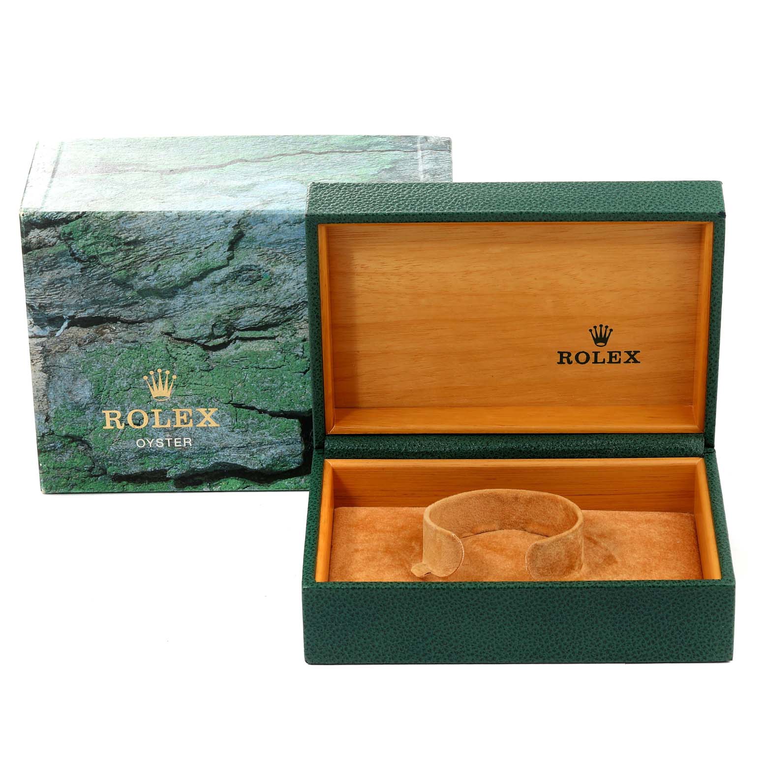 The image shows an open Rolex watch box and its cover, designed for a Mid-Size model, showcasing the interior and exterior branding.