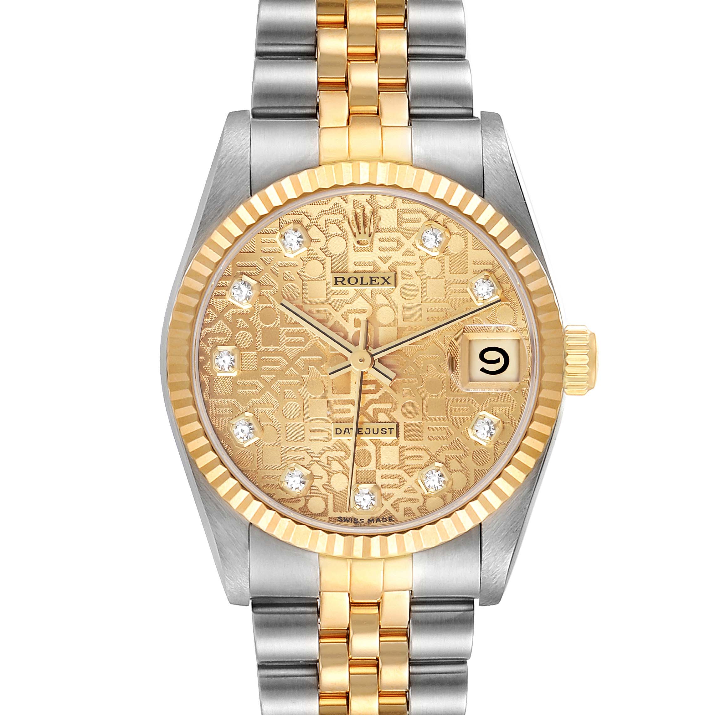 This image shows a front view of a Rolex Mid-Size 68273 Women
s Steel and Gold (two tone) Champagne Dial 68273 Women
s Steel and Gold (two tone) Champagne Dial Datejust featuring a gold dial, fluted bezel, and two-tone metal bracelet.