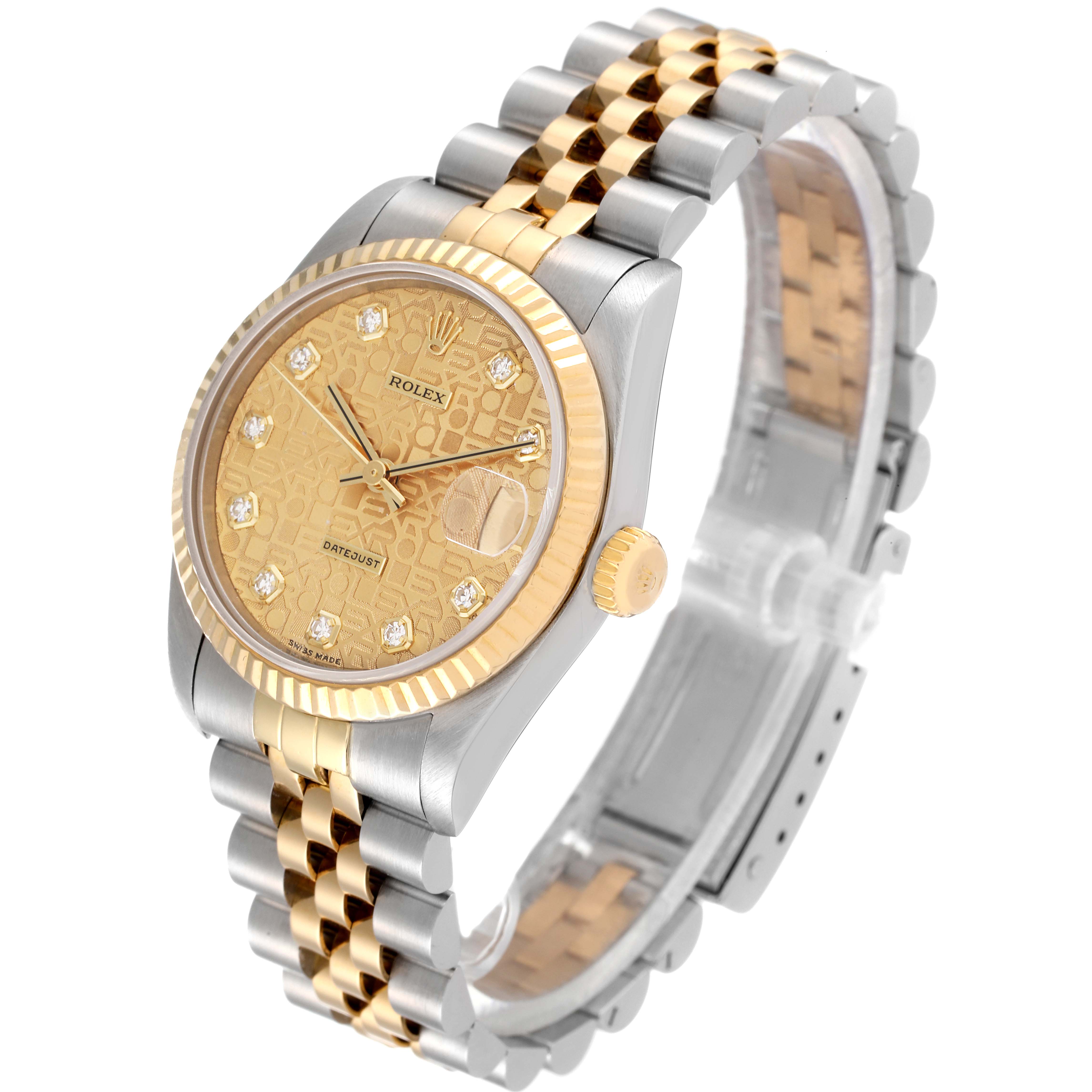 This image shows a Mid-Size Rolex Datejust watch from an angled top view, highlighting the dial, bezel, crown, and bracelet.