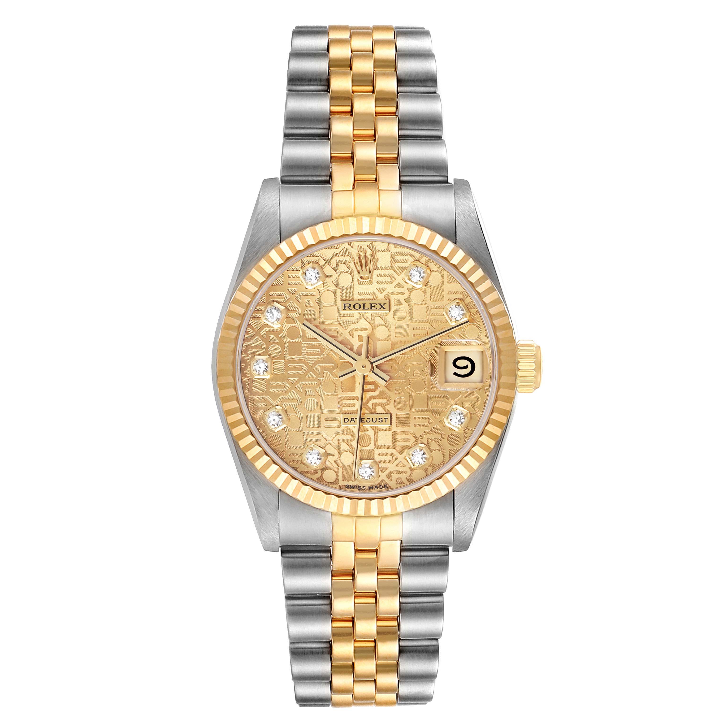 The image shows a front view of a Rolex Mid-Size 68273 Women
s Steel and Gold (two tone) Champagne Dial 68273 Women
s Steel and Gold (two tone) Champagne Dial watch with a gold and silver bracelet and a gold face with diamond markers.