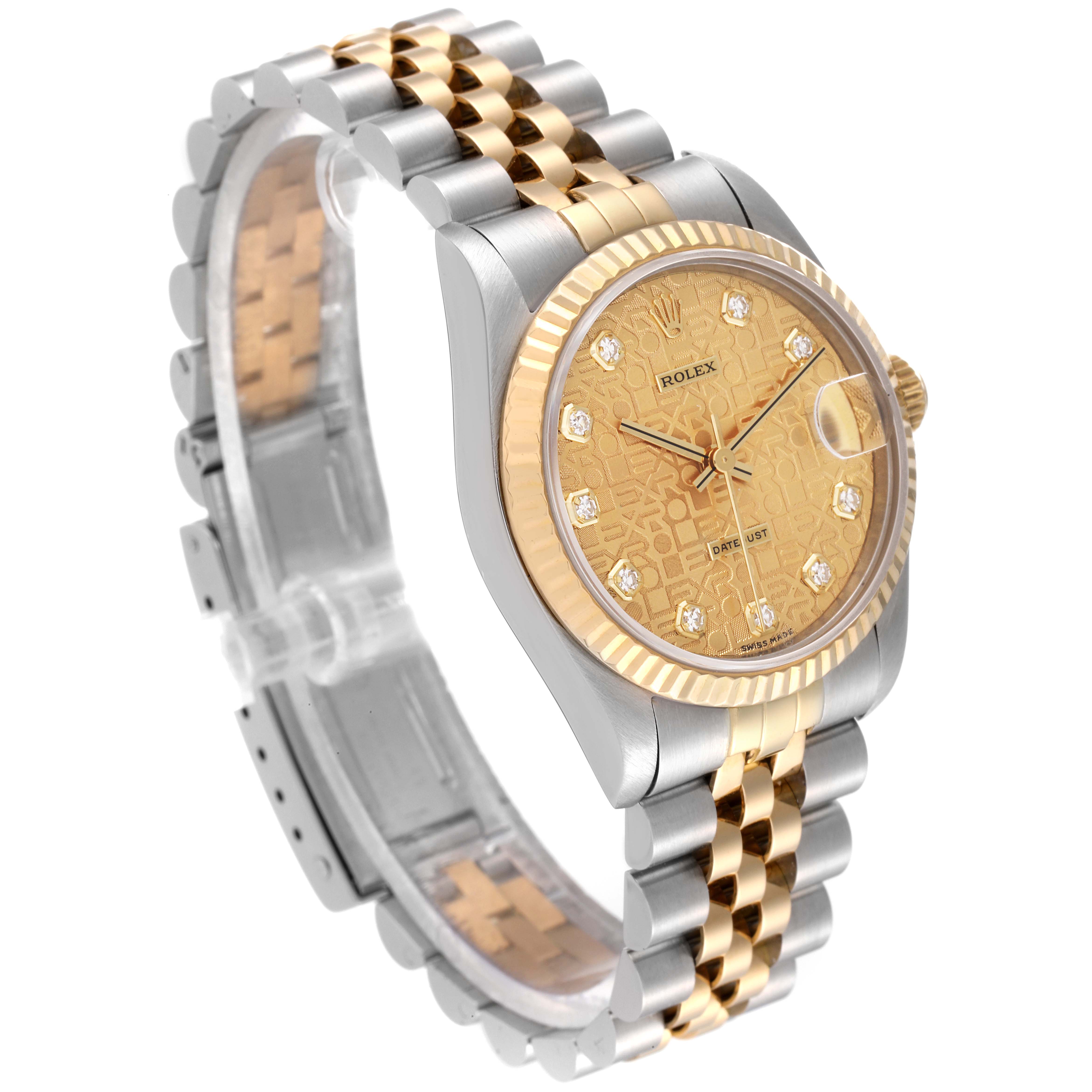 This Rolex Mid-Size 68273 Women
s Steel and Gold (two tone) Champagne Dial 68273 Women
s Steel and Gold (two tone) Champagne Dial watch is shown at a three-quarter angle, highlighting its gold dial, two-tone bracelet, and fluted bezel.