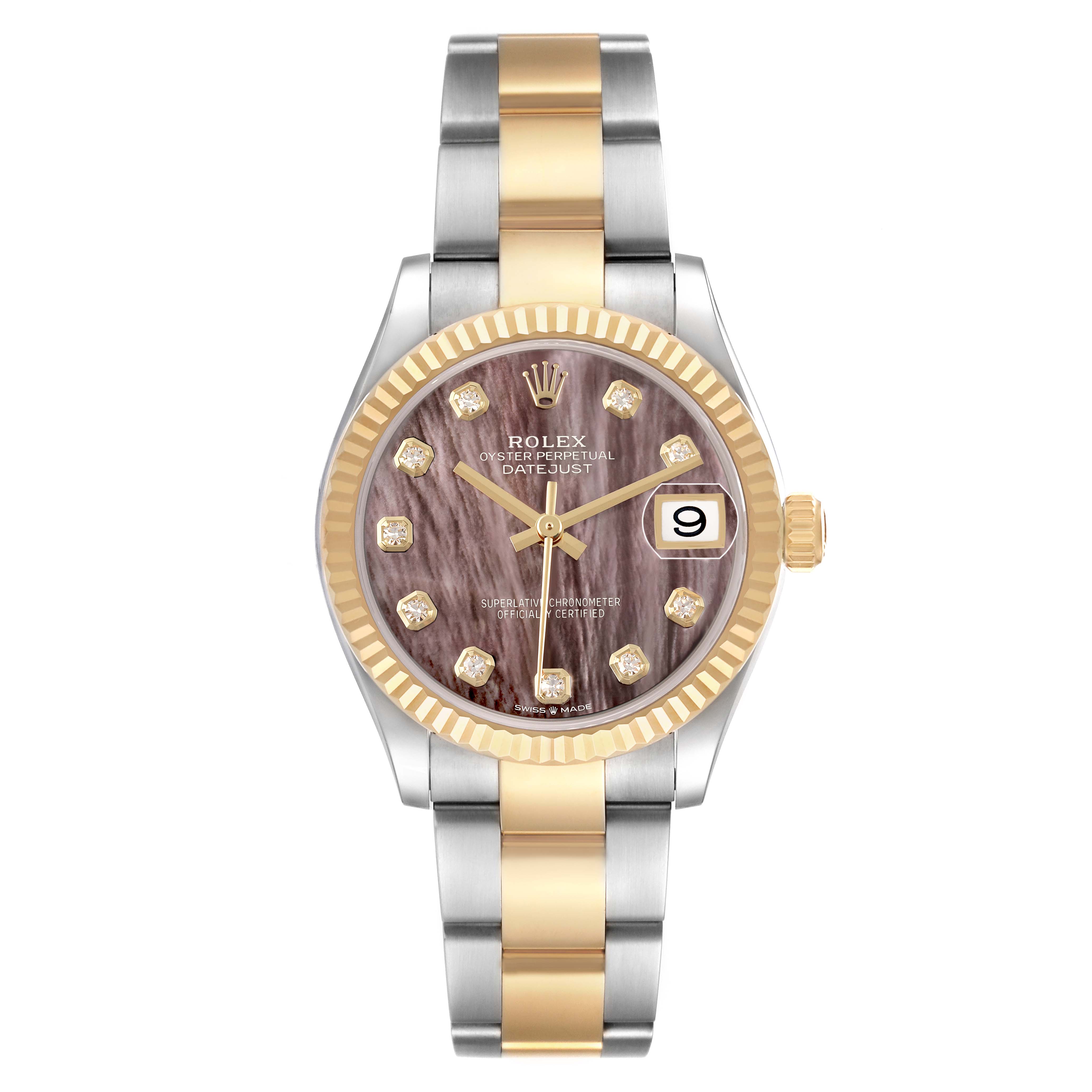The Rolex Mid-Size 278273 Women's Steel and Gold (two tone) Mother of Pearl Dial Datejust is shown from a front angle, featuring a two-tone bracelet, fluted bezel, and date display.