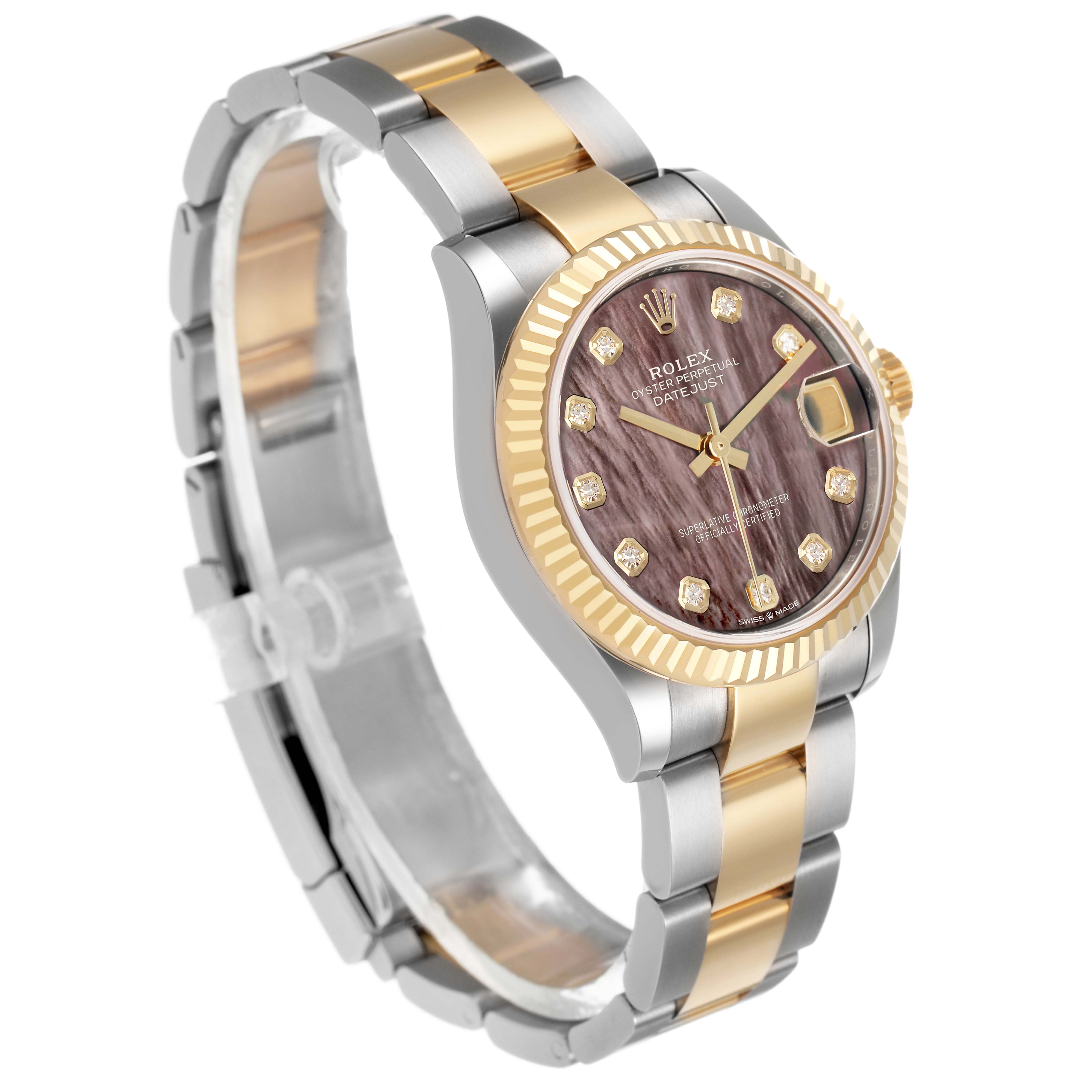 The Rolex Mid-Size 278273 Women's Steel and Gold (two tone) Mother of Pearl Dial watch is shown at a three-quarter angle, displaying its dial, bezel, and bracelet.