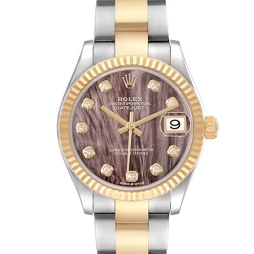 The Rolex Datejust Mid-Size watch is shown from a front angle, highlighting the dial, bezel, and bracelet.