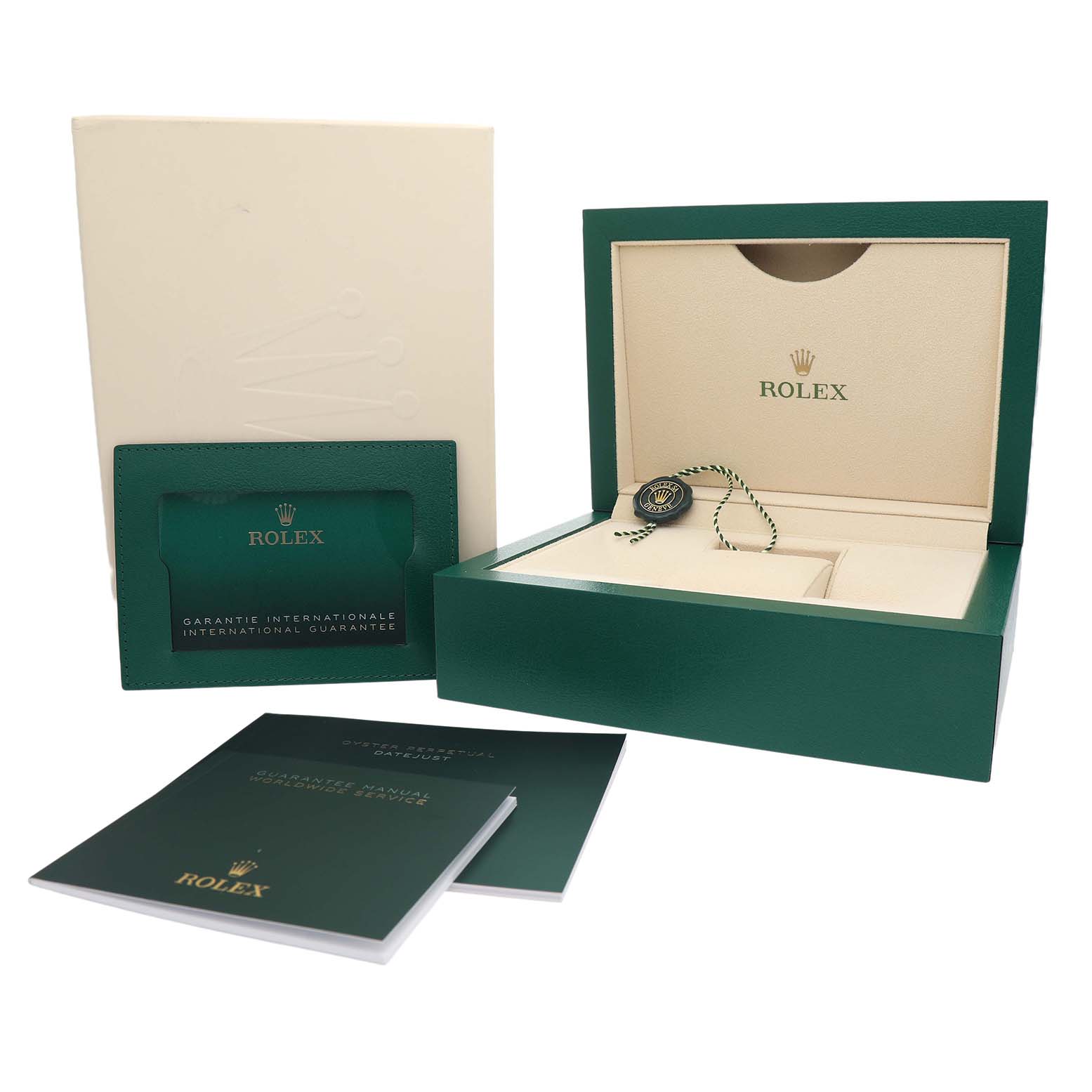 The image shows a Rolex Mid-Size 278273 Women's Steel and Gold (two tone) Mother of Pearl Dial model watch box, handle tags, guarantee card holder, and documentation from a top-front angle.