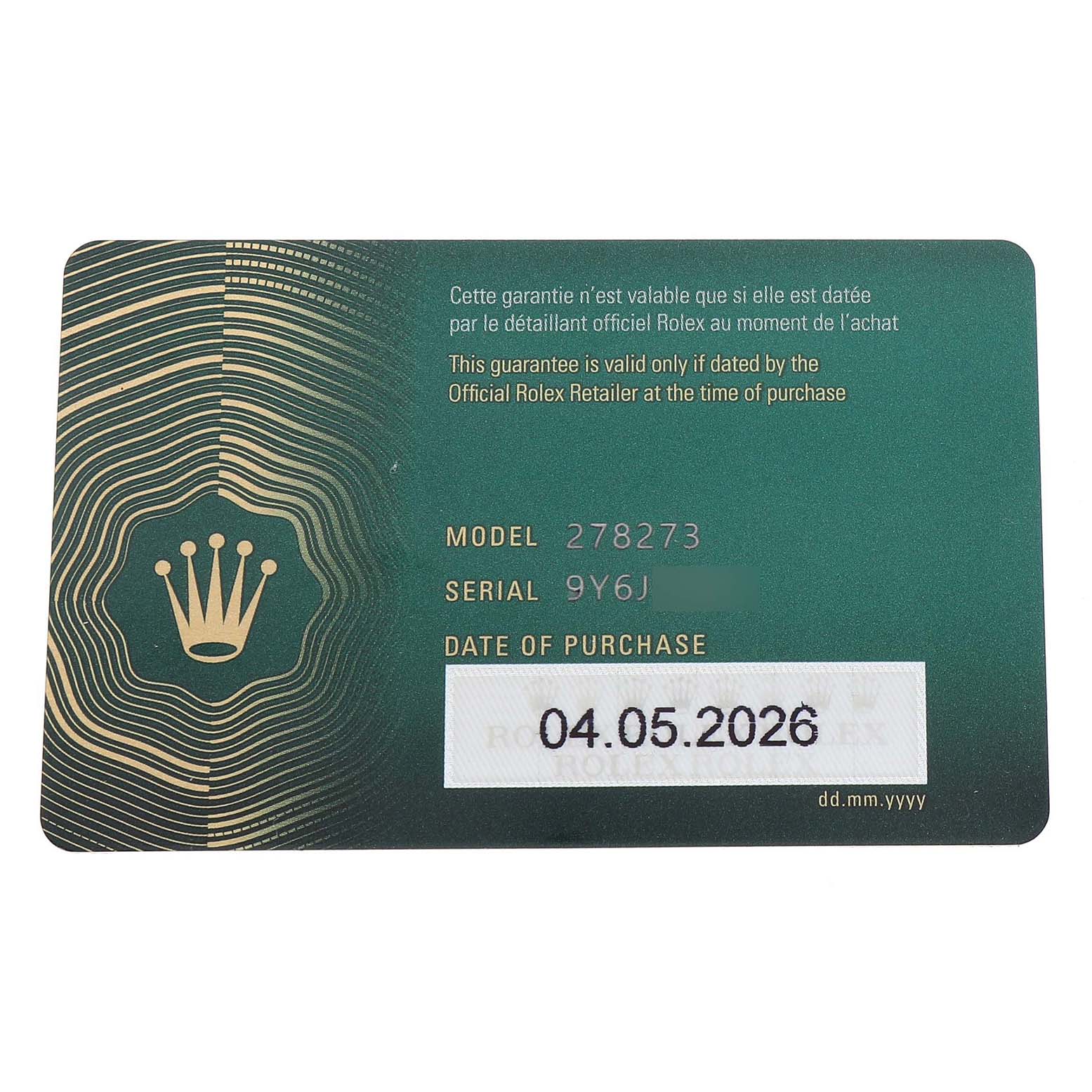 The image shows a warranty card for a Rolex, Model 278273, with details like serial number and purchase date.