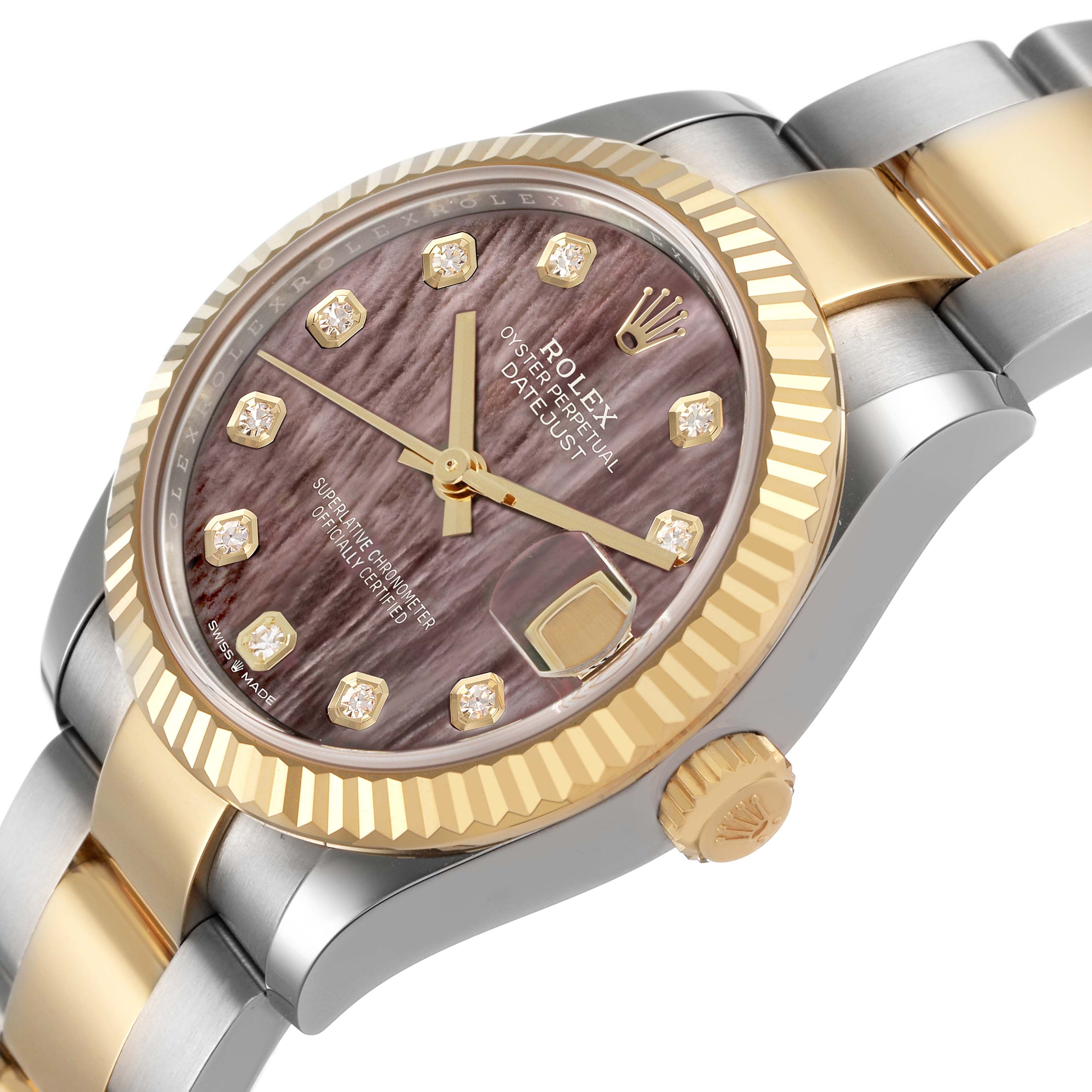 The Rolex Mid-Size 278273 Women's Steel and Gold (two tone) Mother of Pearl Dial watch is shown at an angle highlighting the dial, bezel, crown, and part of the bracelet.