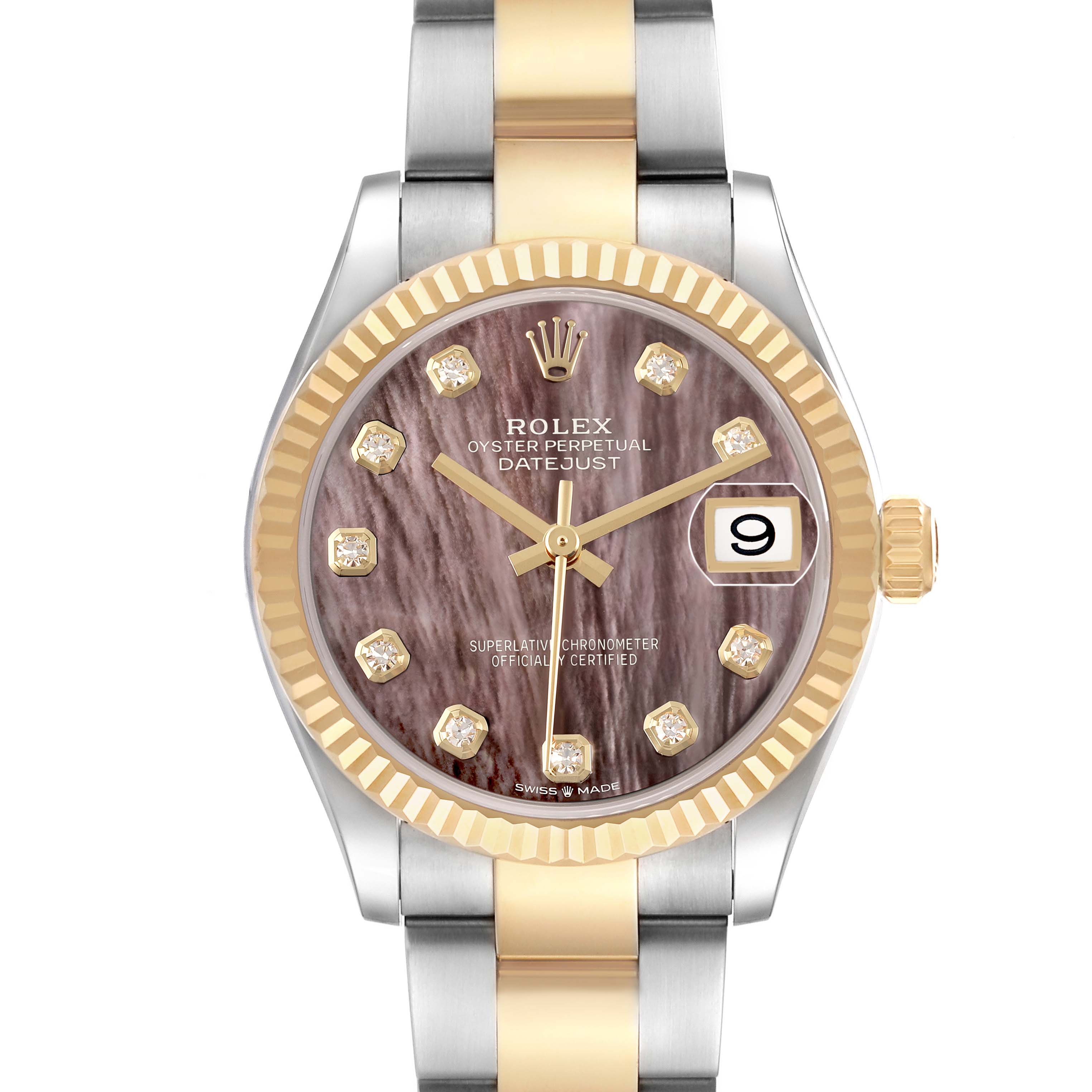 The Rolex Mid-Size 278273 Women's Steel and Gold (two tone) Mother of Pearl Dial Datejust is shown from the front, highlighting its mother of pearl dial, diamond markers, and gold-silver bracelet.