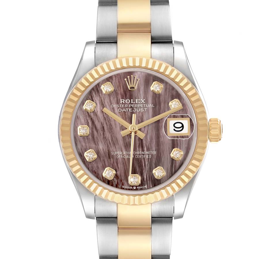 The Rolex Mid-Size 278273 Women's Steel and Gold (two tone) Mother of Pearl Dial Datejust is shown from the front, highlighting its mother of pearl dial, diamond markers, and gold-silver bracelet.