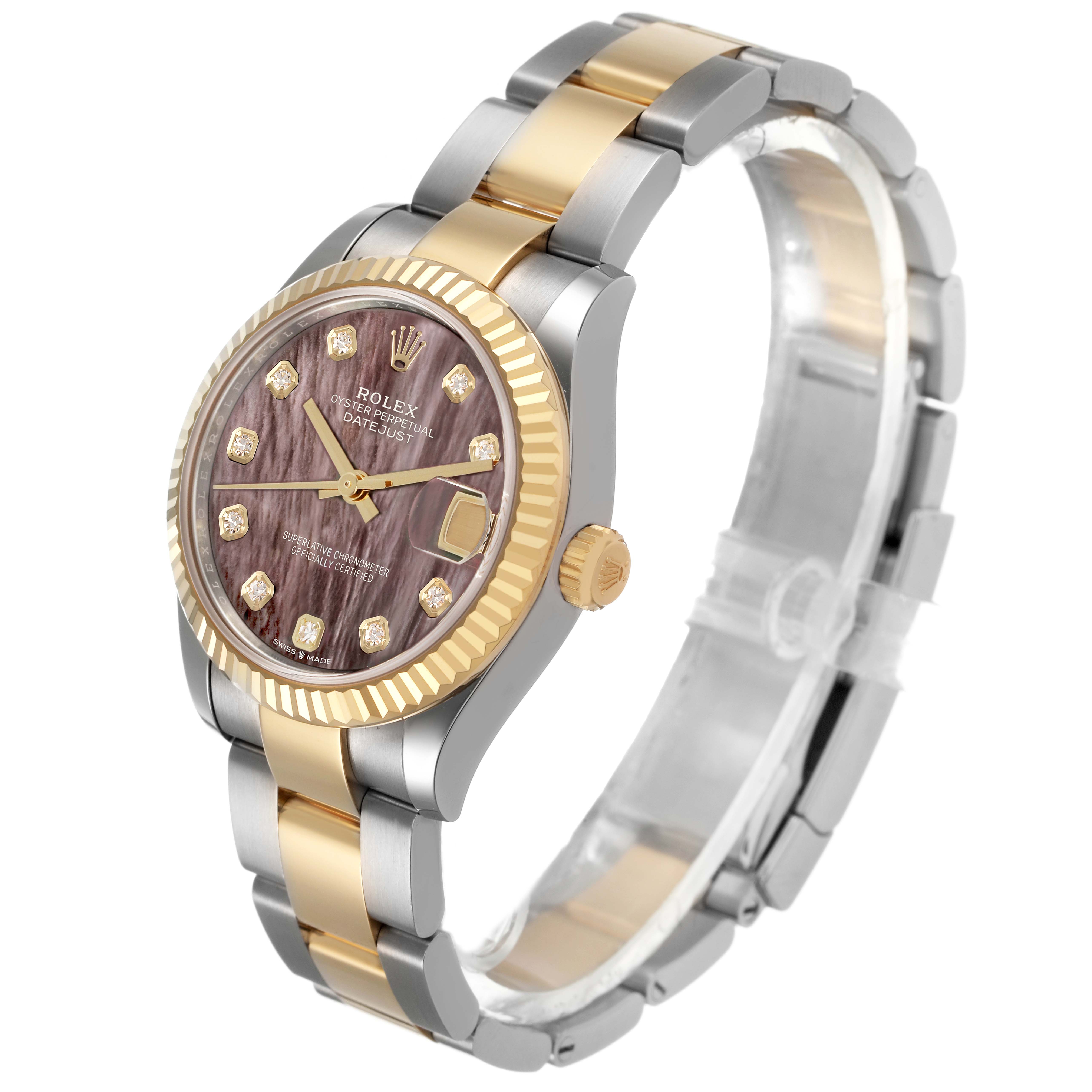 The Rolex Mid-Size 278273 Women's Steel and Gold (two tone) Mother of Pearl Dial watch is shown at an angle displaying its face, bezel, crown, and bracelet.