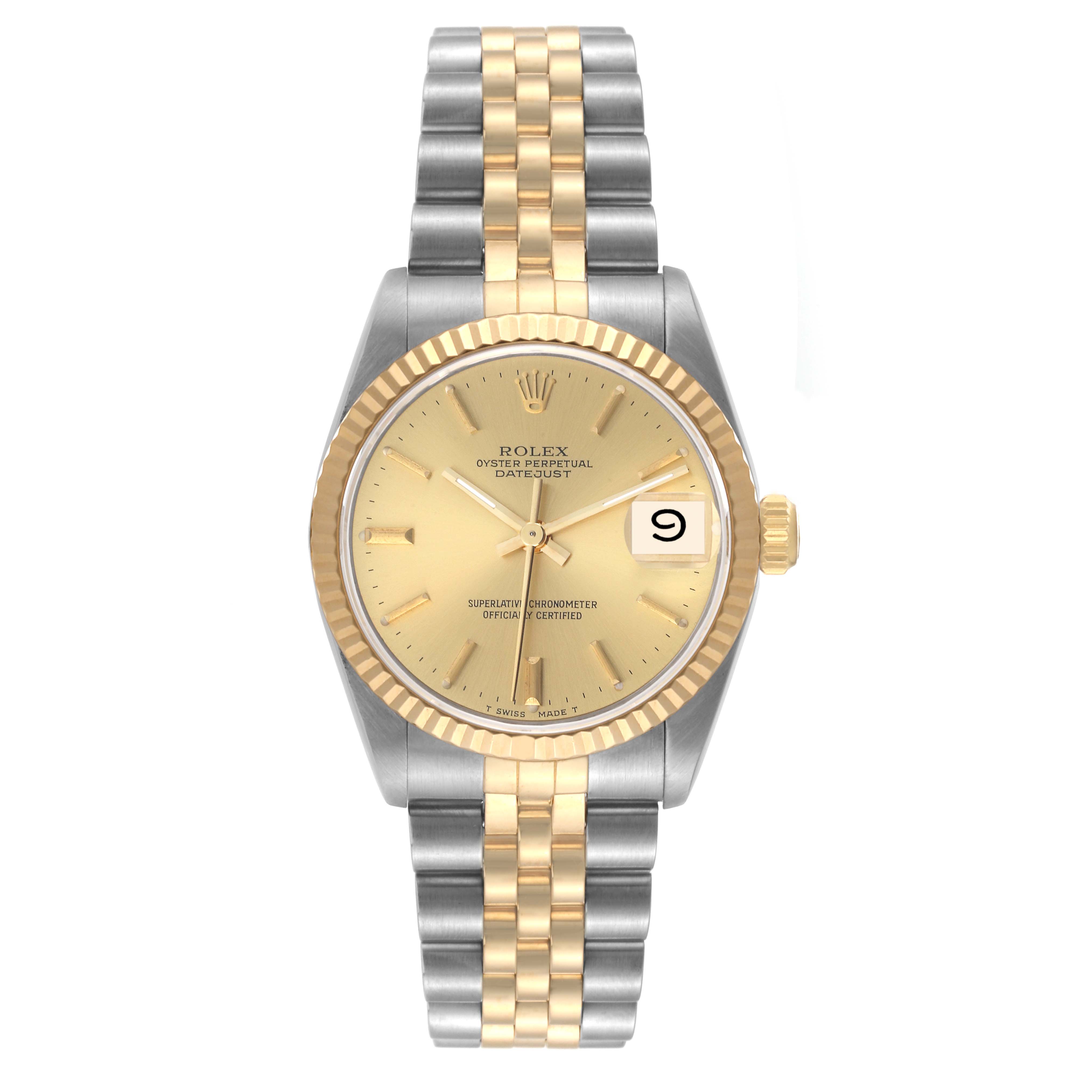 This image shows the front view of a Rolex Mid-Size 68273 Women's Steel and Gold (two tone) Champagne Dial 68273 Women's Steel and Gold (two tone) Champagne Dial Datejust watch with a two-tone bracelet and fluted bezel.