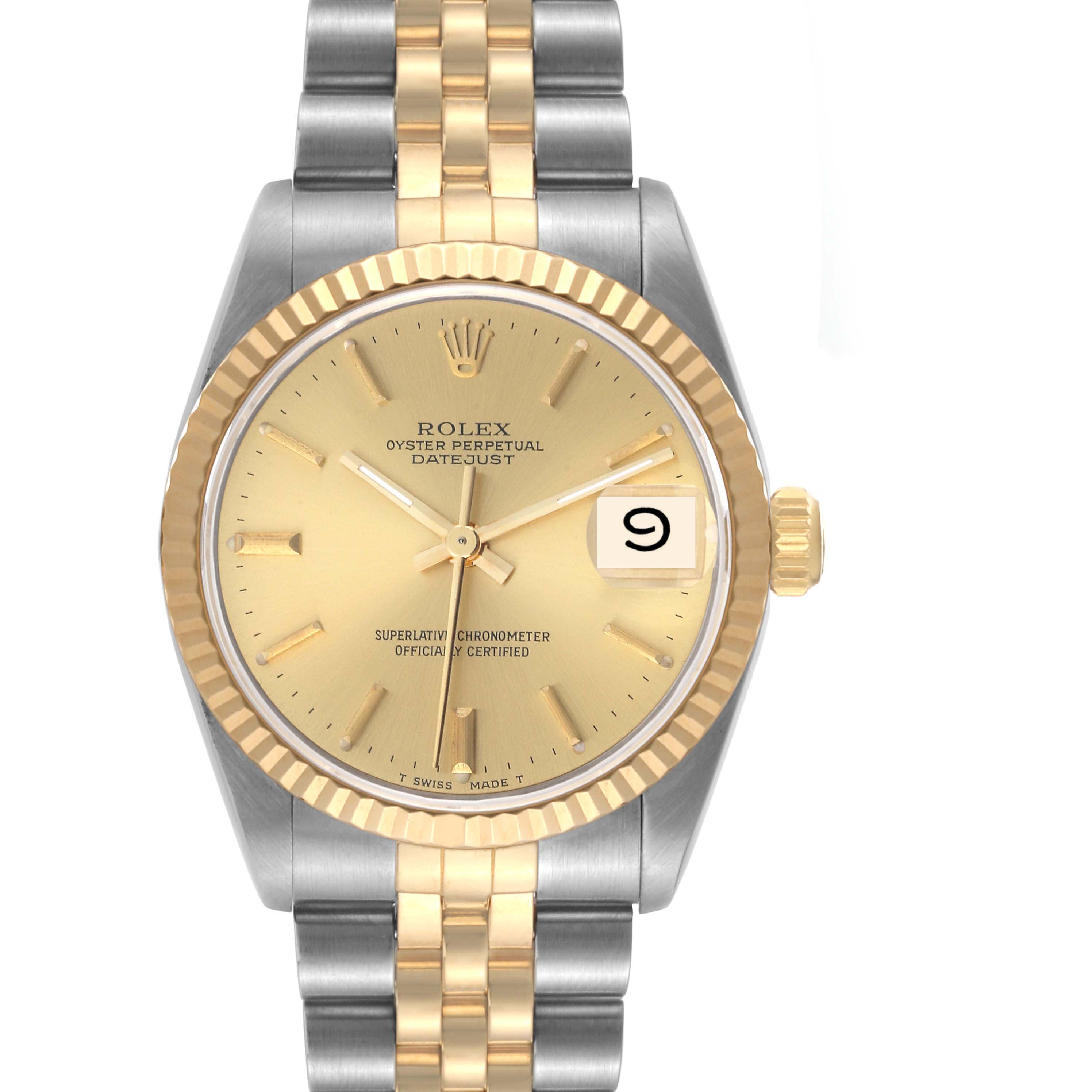 The Rolex Mid-Size 68273 Women's Steel and Gold (two tone) Champagne Dial 68273 Women's Steel and Gold (two tone) Champagne Dial Datejust is shown from the front, displaying the dial, bezel, and part of the bracelet.