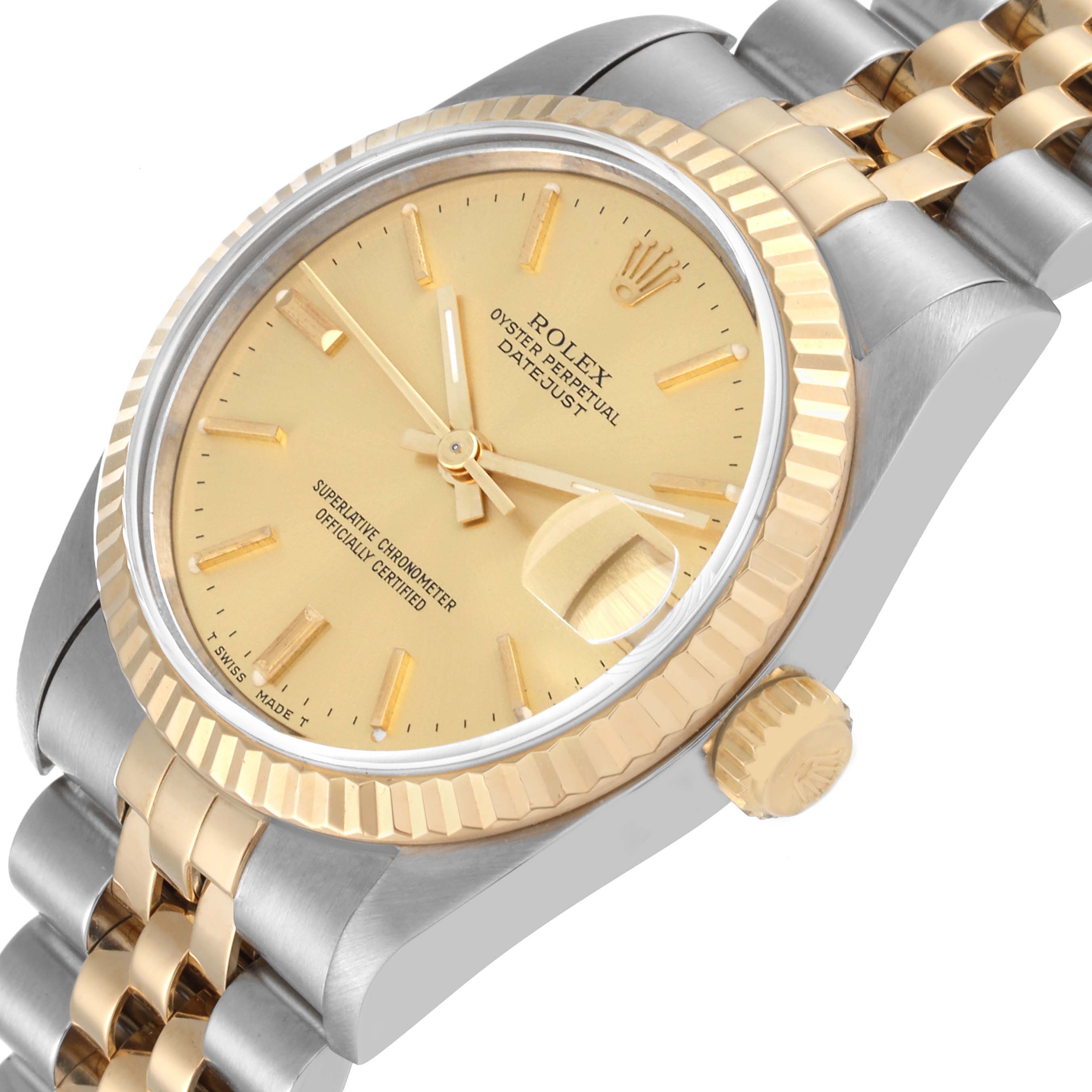 The Rolex Mid-Size 68273 Women's Steel and Gold (two tone) Champagne Dial 68273 Women's Steel and Gold (two tone) Champagne Dial model is shown at an angled close-up, highlighting the dial, bezel, and bracelet.