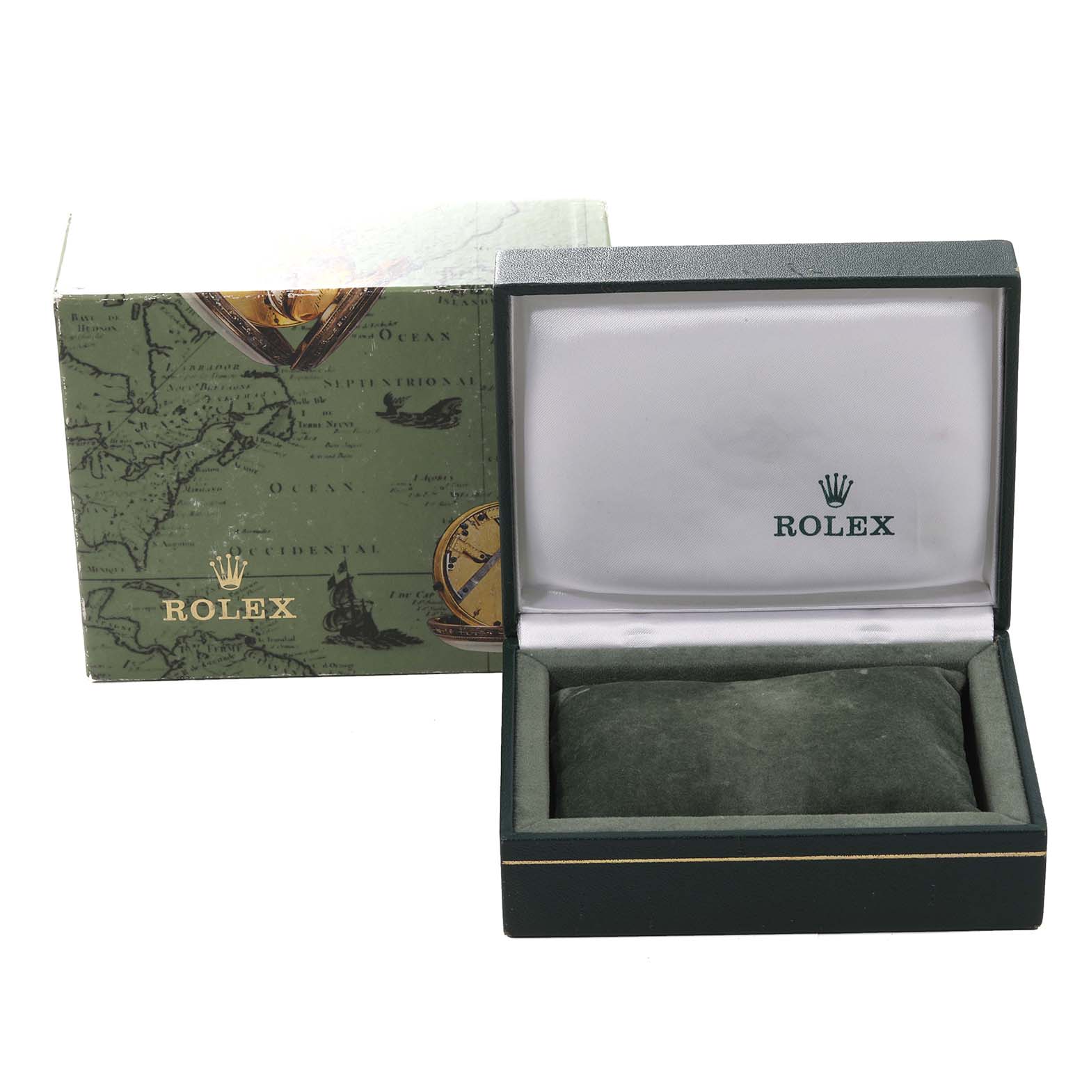 The image shows an angled view of the opened green box and packaging for a Rolex Mid-Size 68273 Women's Steel and Gold (two tone) Champagne Dial 68273 Women's Steel and Gold (two tone) Champagne Dial model watch.