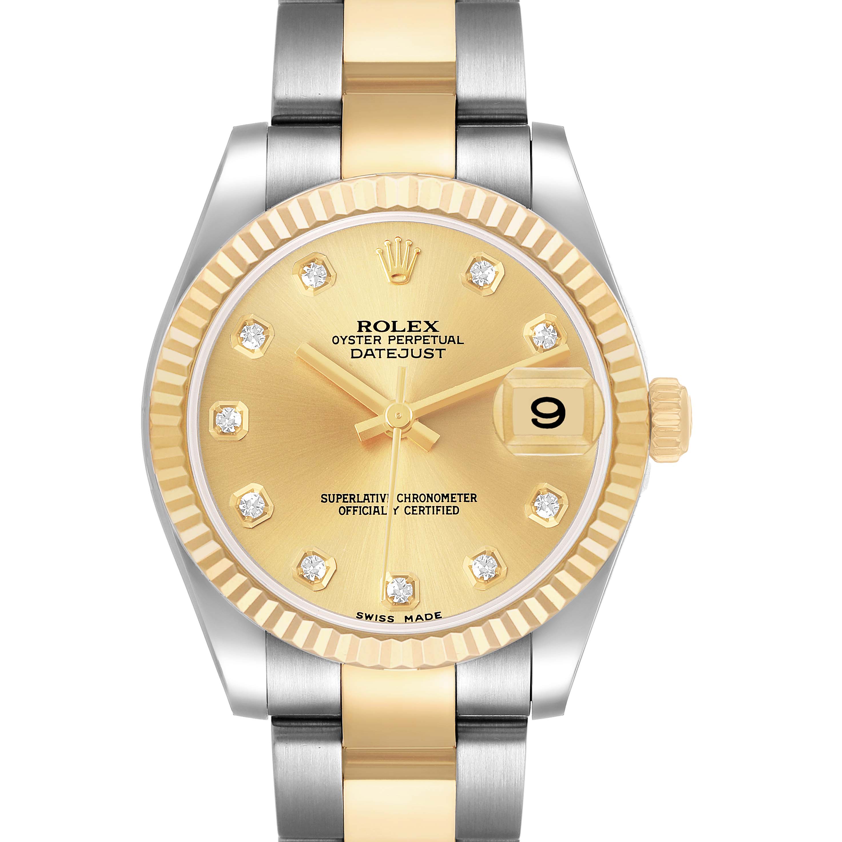 The Rolex Datejust 178273 Women's Steel and Gold (two tone) Champagne Dial watch is shown from the front, displaying the dial, bezel, crown, and a portion of the bracelet.