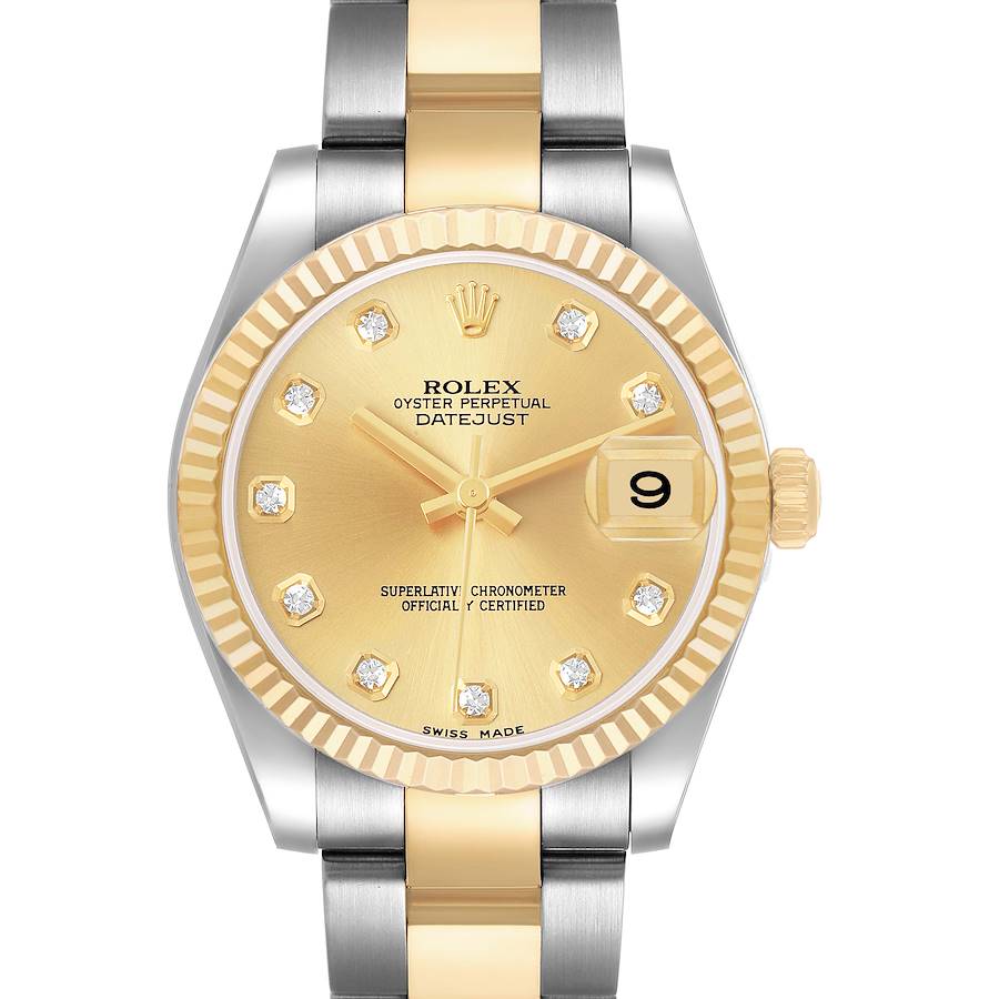 The Rolex Datejust 178273 Women's Steel and Gold (two tone) Champagne Dial watch is shown from the front, displaying the dial, bezel, crown, and a portion of the bracelet.