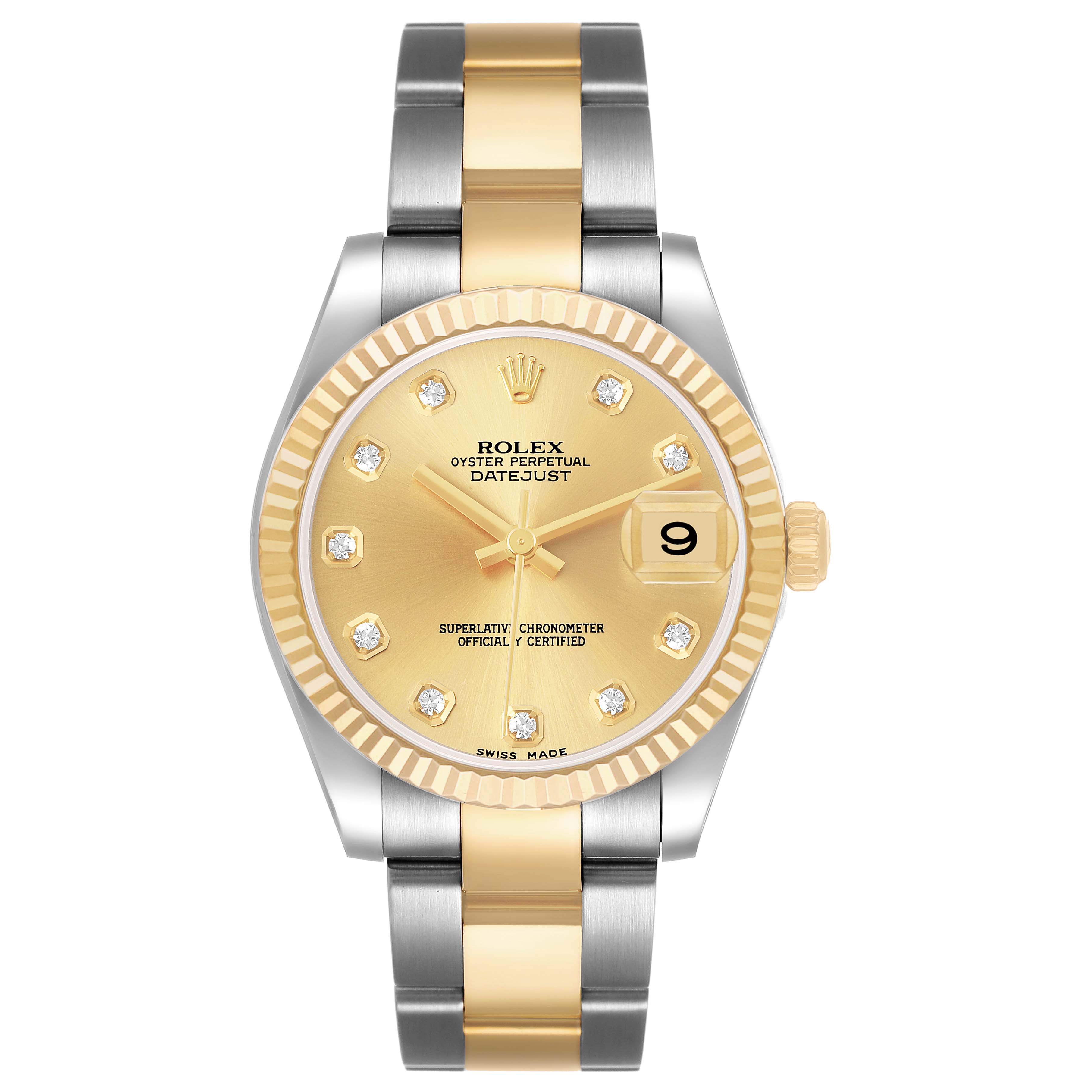 The Rolex Datejust 178273 Women's Steel and Gold (two tone) Champagne Dial watch is shown from a top-down angle, displaying the gold and silver bracelet, dial, indices, and fluted bezel.