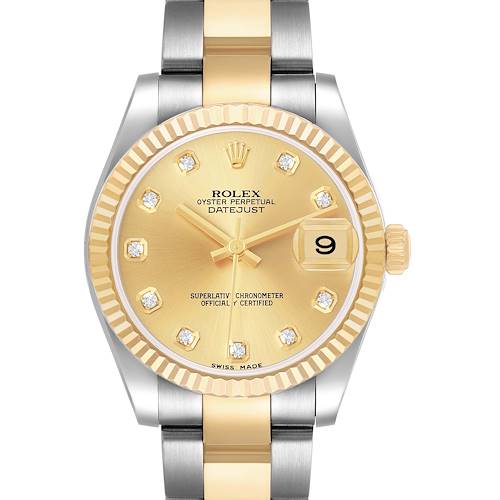The Rolex Datejust 178273 Women's Steel and Gold (two tone) Champagne Dial watch is shown from a front angle, highlighting its gold dial, diamond hour markers, two-tone bracelet, and fluted bezel.