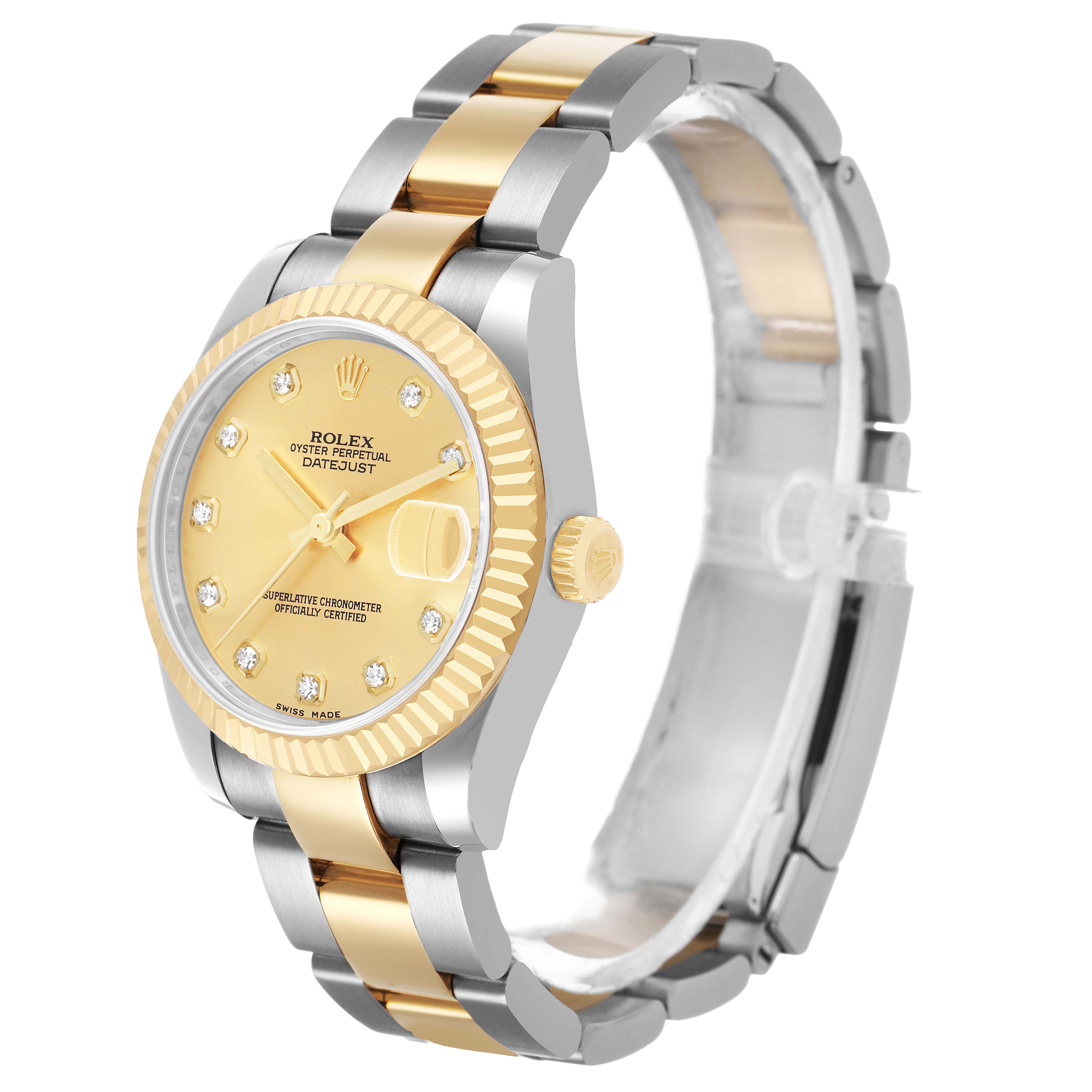 The Rolex Datejust 178273 Women's Steel and Gold (two tone) Champagne Dial watch is shown at an angle highlighting the bezel, crown, dial, and two-tone bracelet.