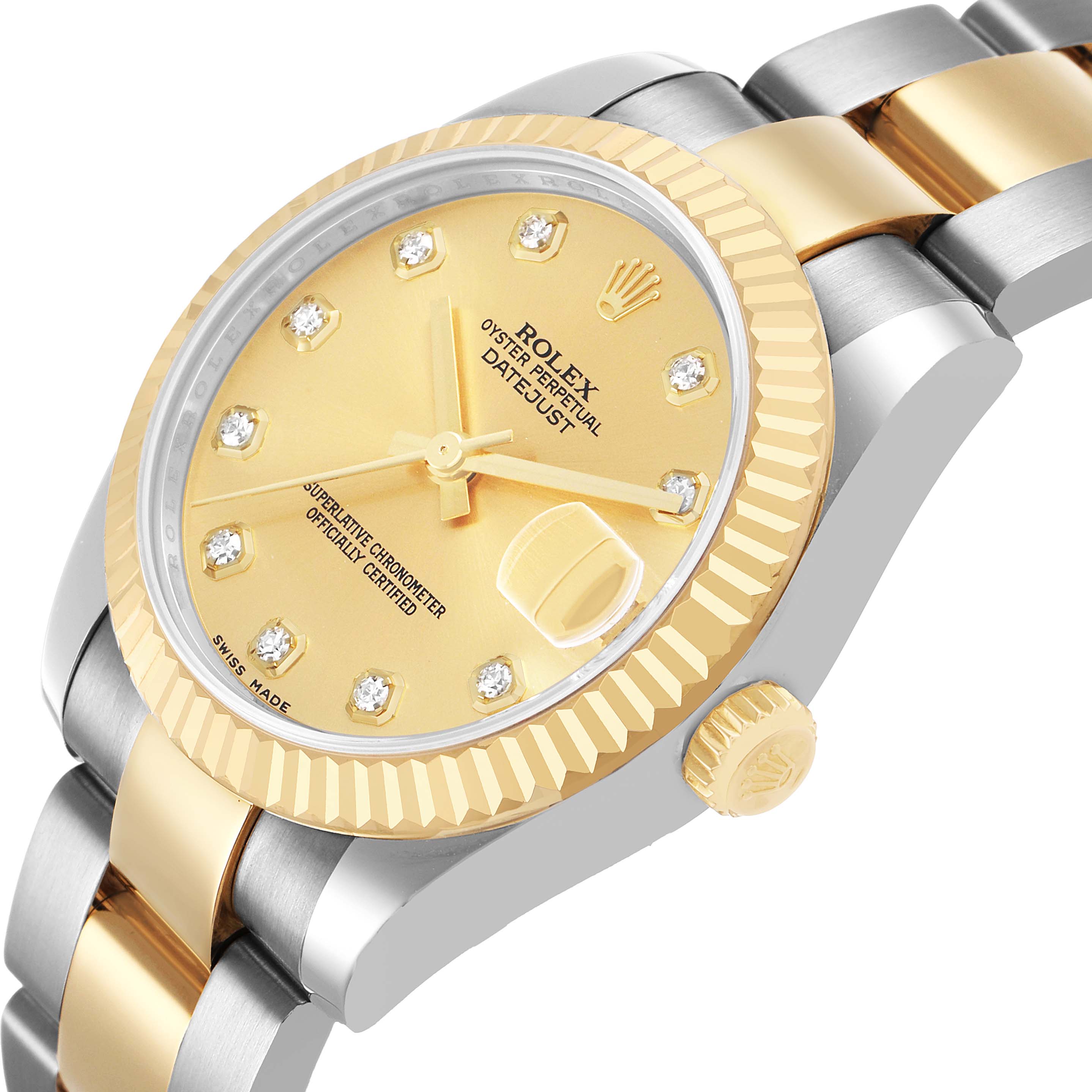 The Rolex Datejust 178273 Women's Steel and Gold (two tone) Champagne Dial watch is shown at an angled side view, highlighting the dial, fluted bezel, crown, and two-tone bracelet.
