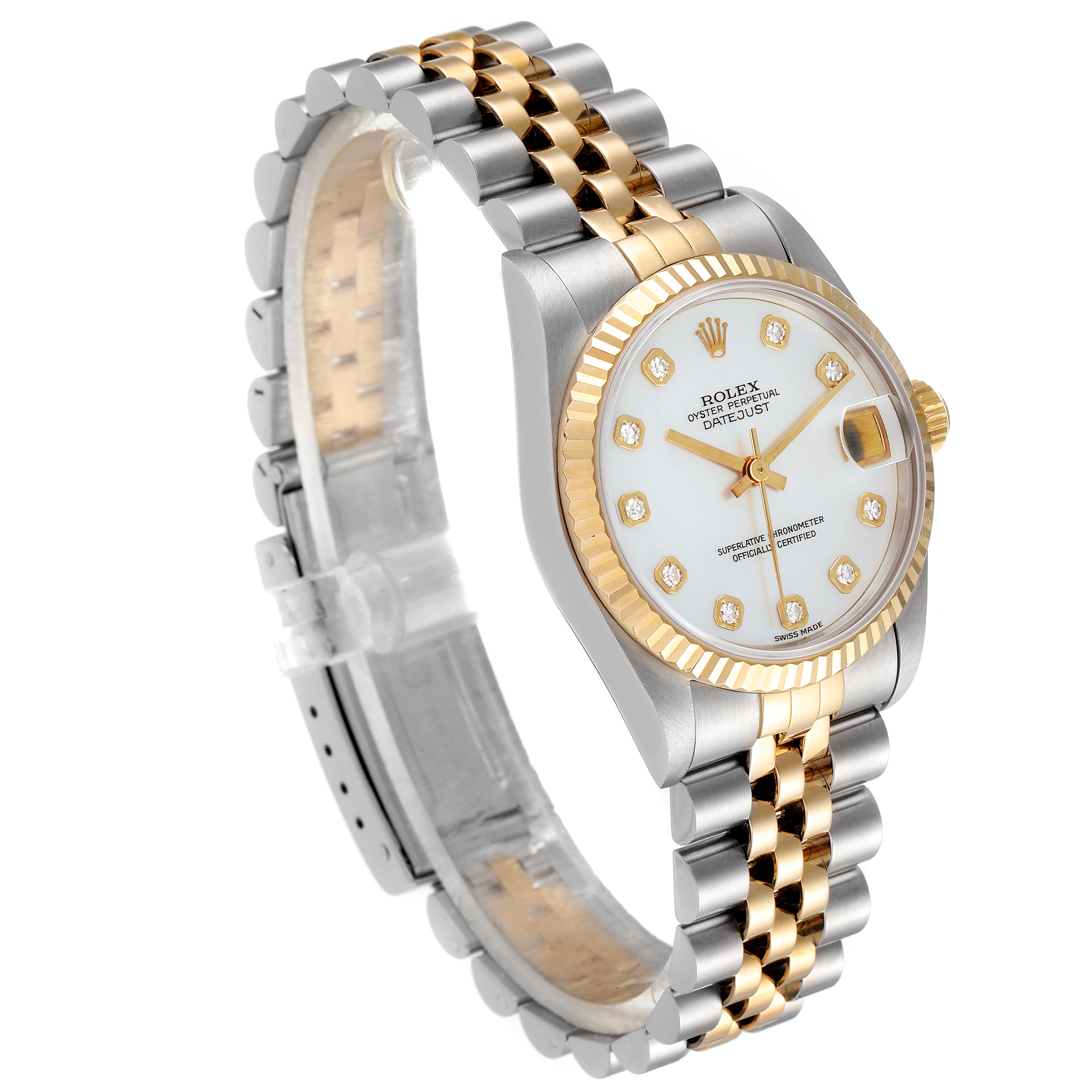 This Rolex Mid-Size 68273 Women's Steel and Gold (two tone) Mother of Pearl Dial 68273 Women's Steel and Gold (two tone) Mother of Pearl Dial Datejust watch is shown at an angle revealing the face, bezel, crown, and two-tone bracelet.