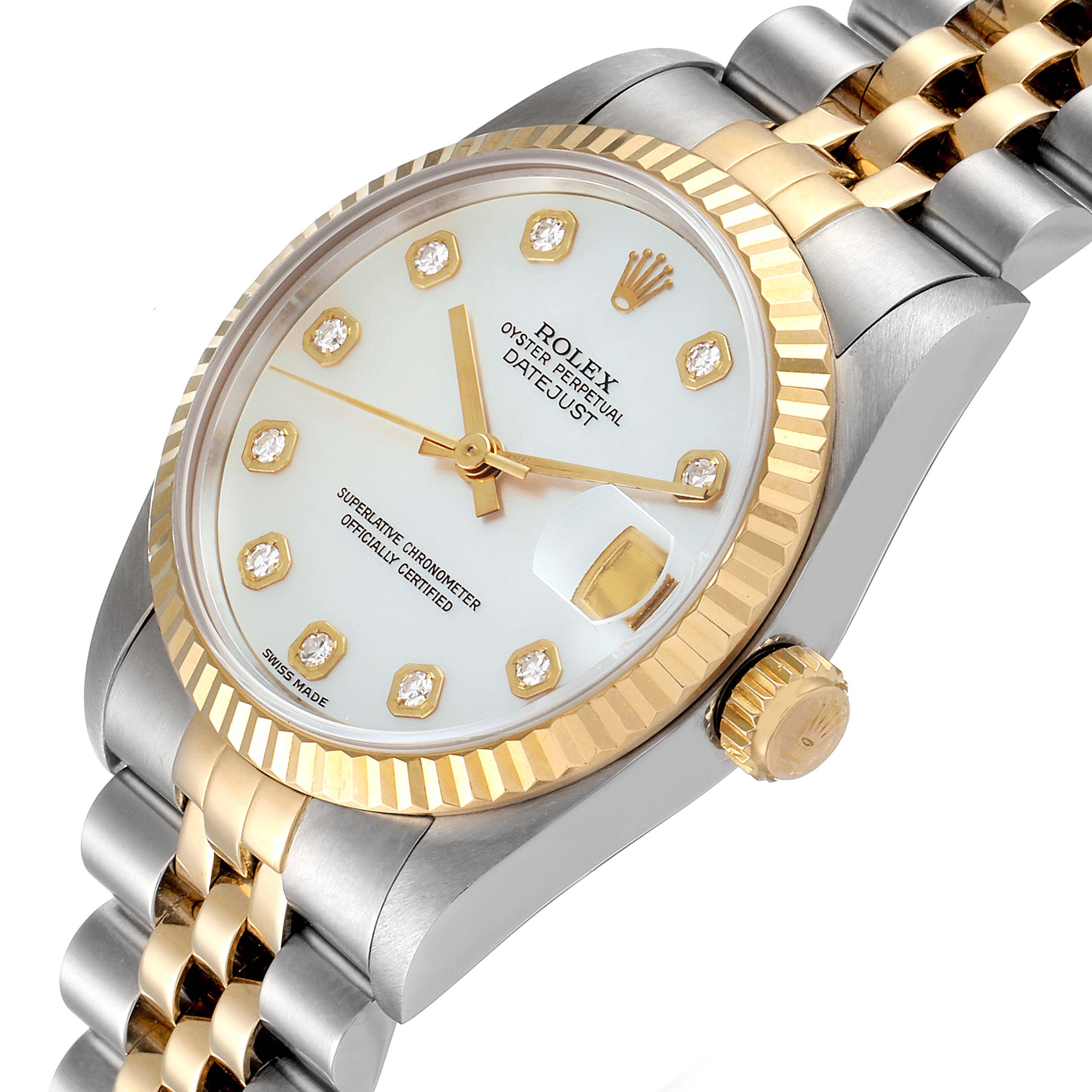 The Mid-Size Rolex is shown at a slight angle, displaying the face, crown, bezel, and bracelet.