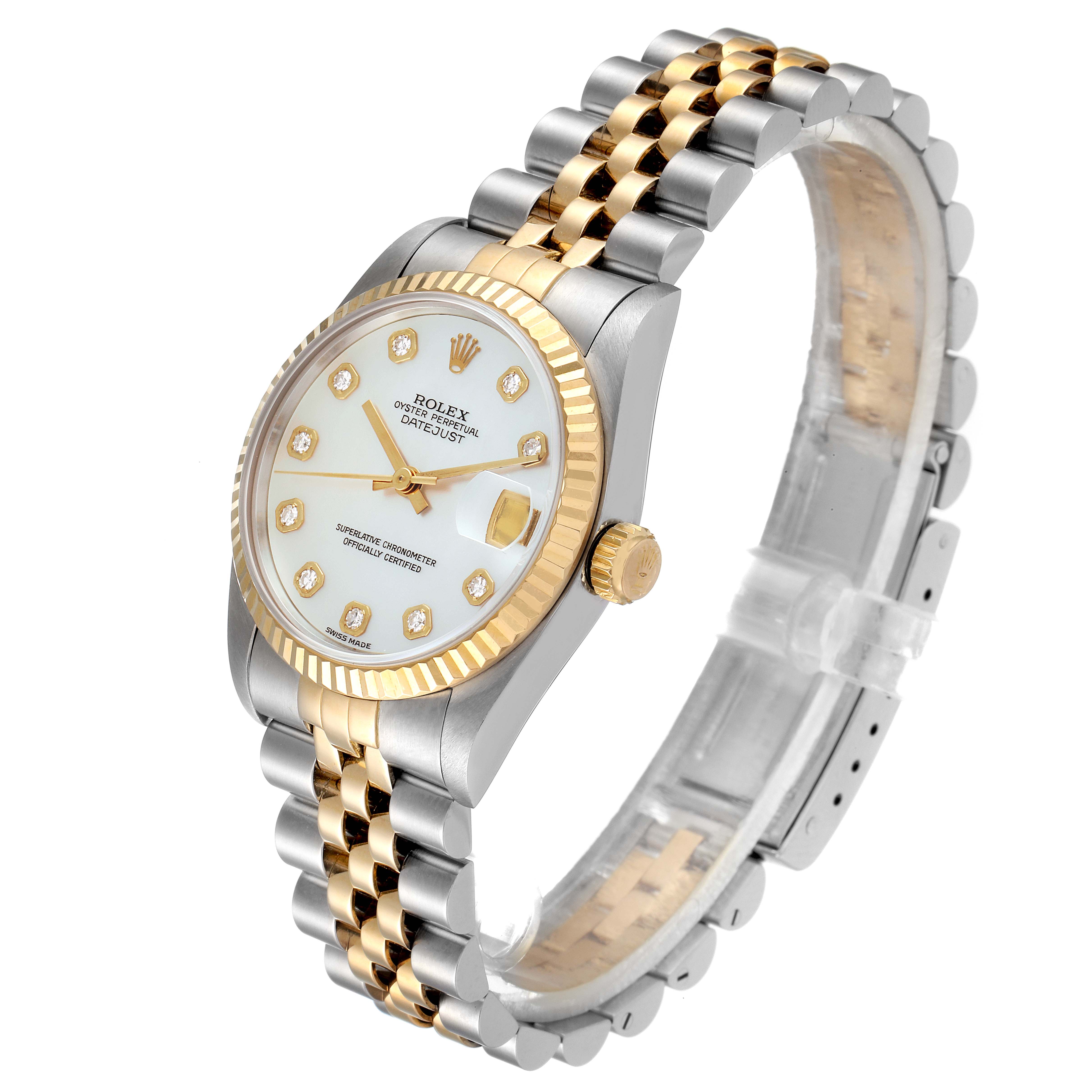 The image shows a Rolex Mid-Size 68273 Women's Steel and Gold (two tone) Mother of Pearl Dial 68273 Women's Steel and Gold (two tone) Mother of Pearl Dial Datejust watch at a slight angle, highlighting its face, bezel, crown, and bracelet.