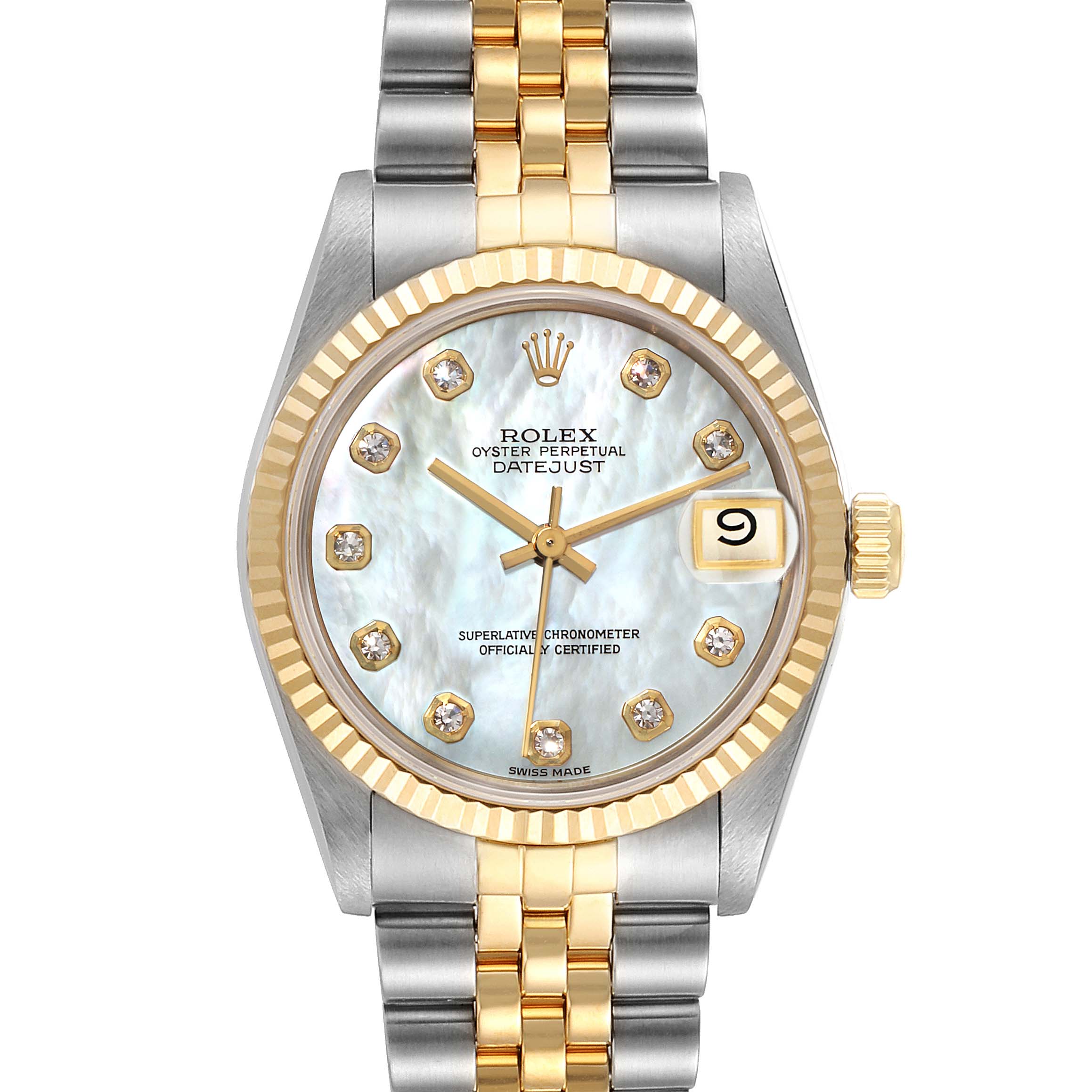 This Rolex Oyster Perpetual Datejust Mid-Size model is shown from a front angle, displaying its face, dial, bezel, and bracelet.