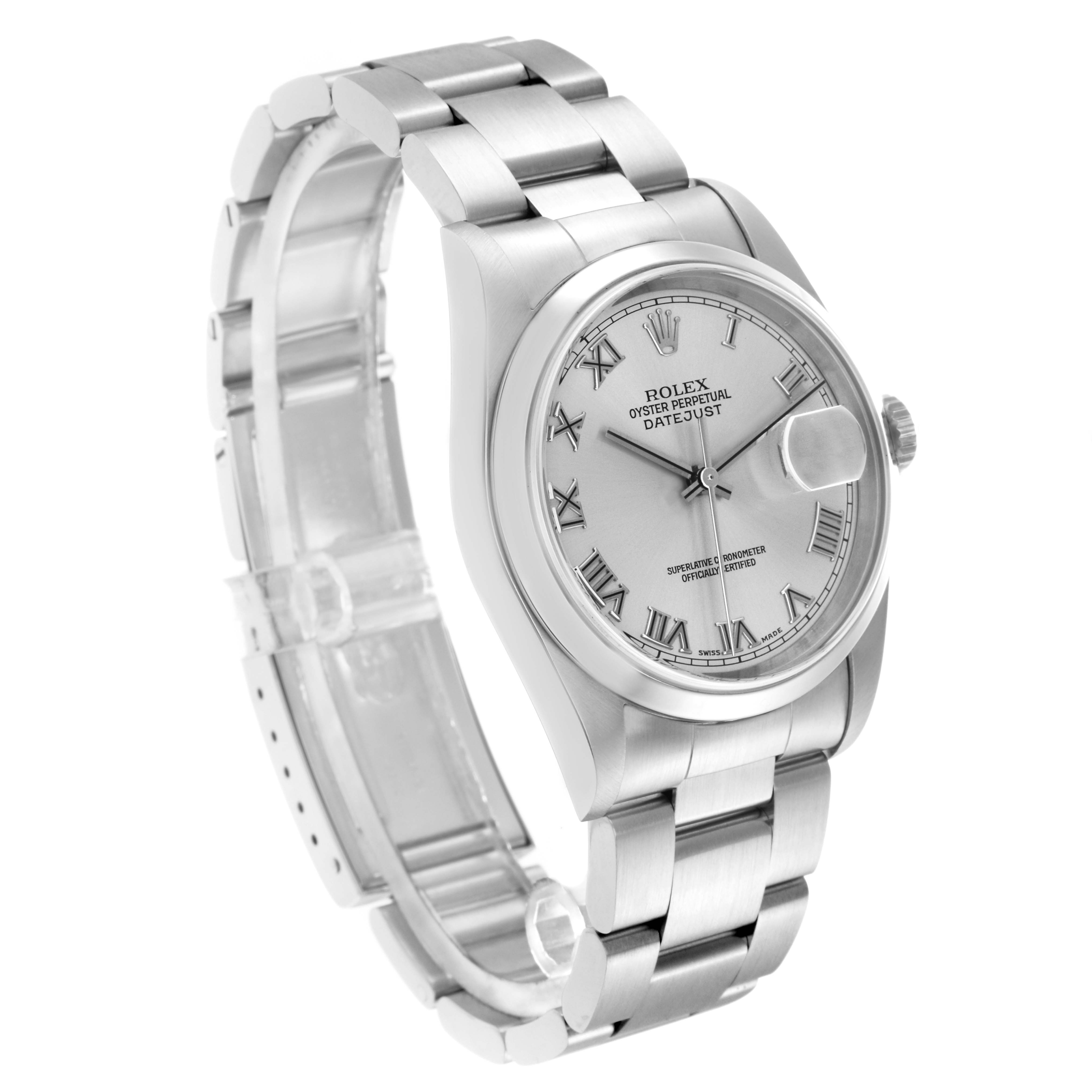 The Rolex Datejust 16200 Men
s Stainless Steel Silver Dial 16200 Men
s Stainless Steel Silver Dial watch is shown at a three-quarter angle, highlighting the dial, case, and bracelet.