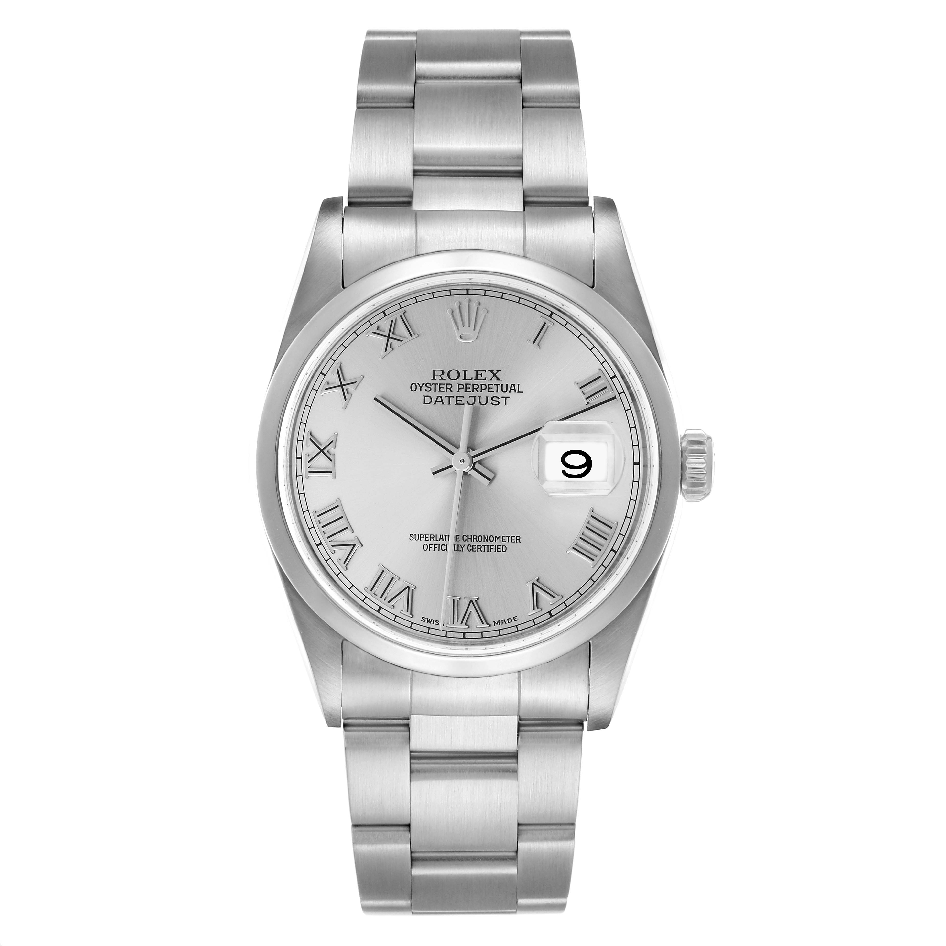 The image shows a front view of a Rolex Datejust 16200 Men
s Stainless Steel Silver Dial 16200 Men
s Stainless Steel Silver Dial watch, displaying the dial, bracelet, and cyclops lens over the date.